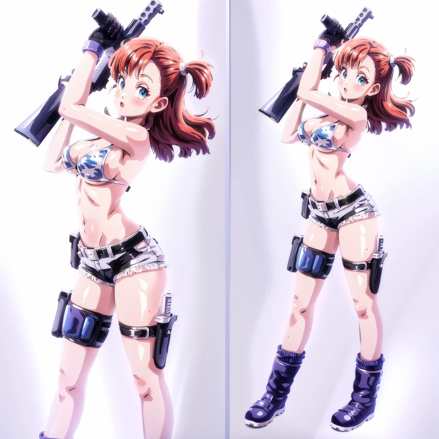 1girl, solo, gun, weapon, shorts, swimsuit, bulma, holster, boots, bikini, red hair, gloves, breasts, one side up, bikini top only, shorts, thigh holster, shorts, short shorts, cleavage, navel, medium breasts, handgun, full body, long hair, midriff, belt, thigh strap，(see through)