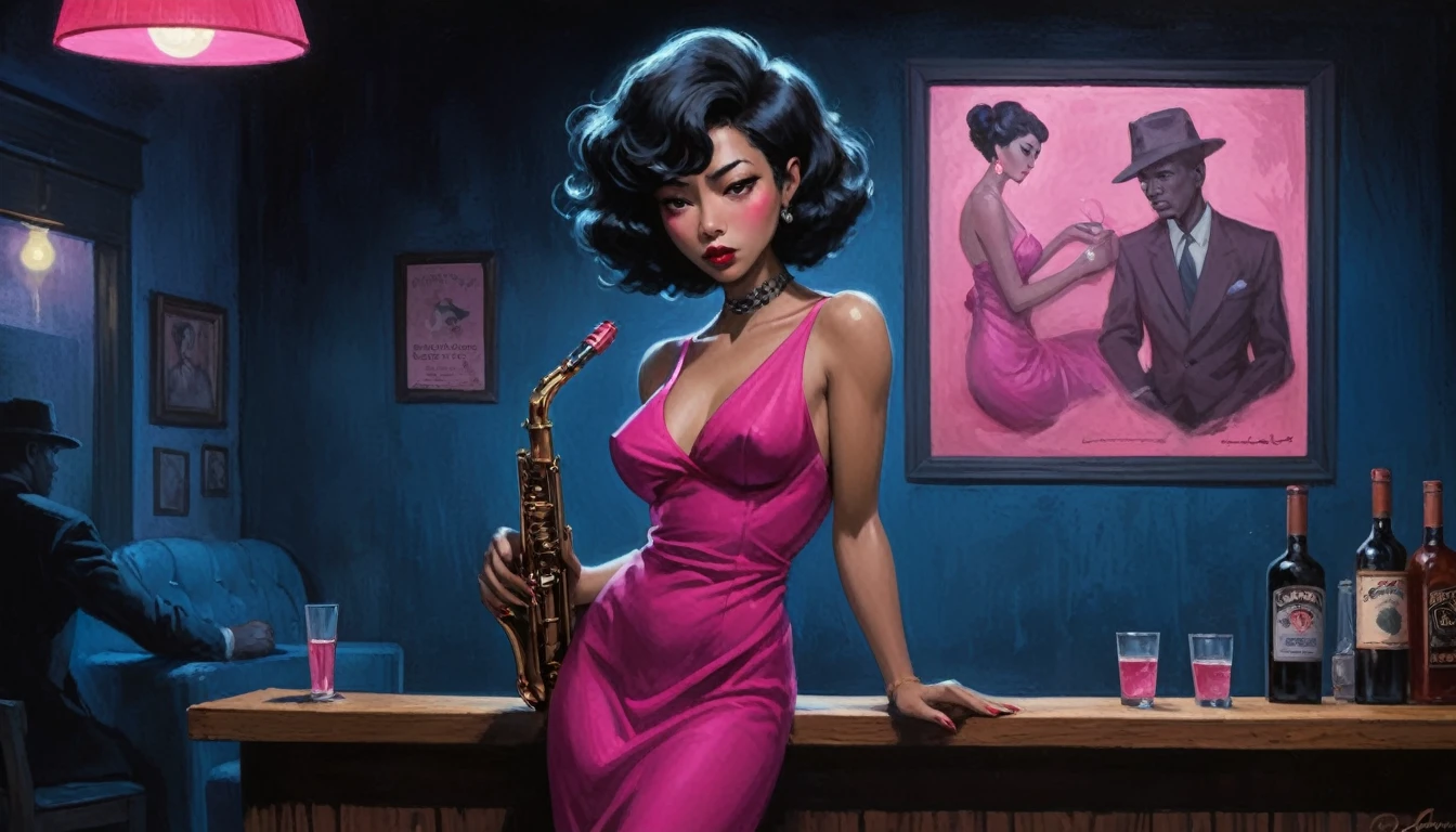 robert johnson, gritty, alabama bar, blue note, charismatic , fuchsia dress, illustration, noir fantasy, lone asia lady, sad ending, saxophonist