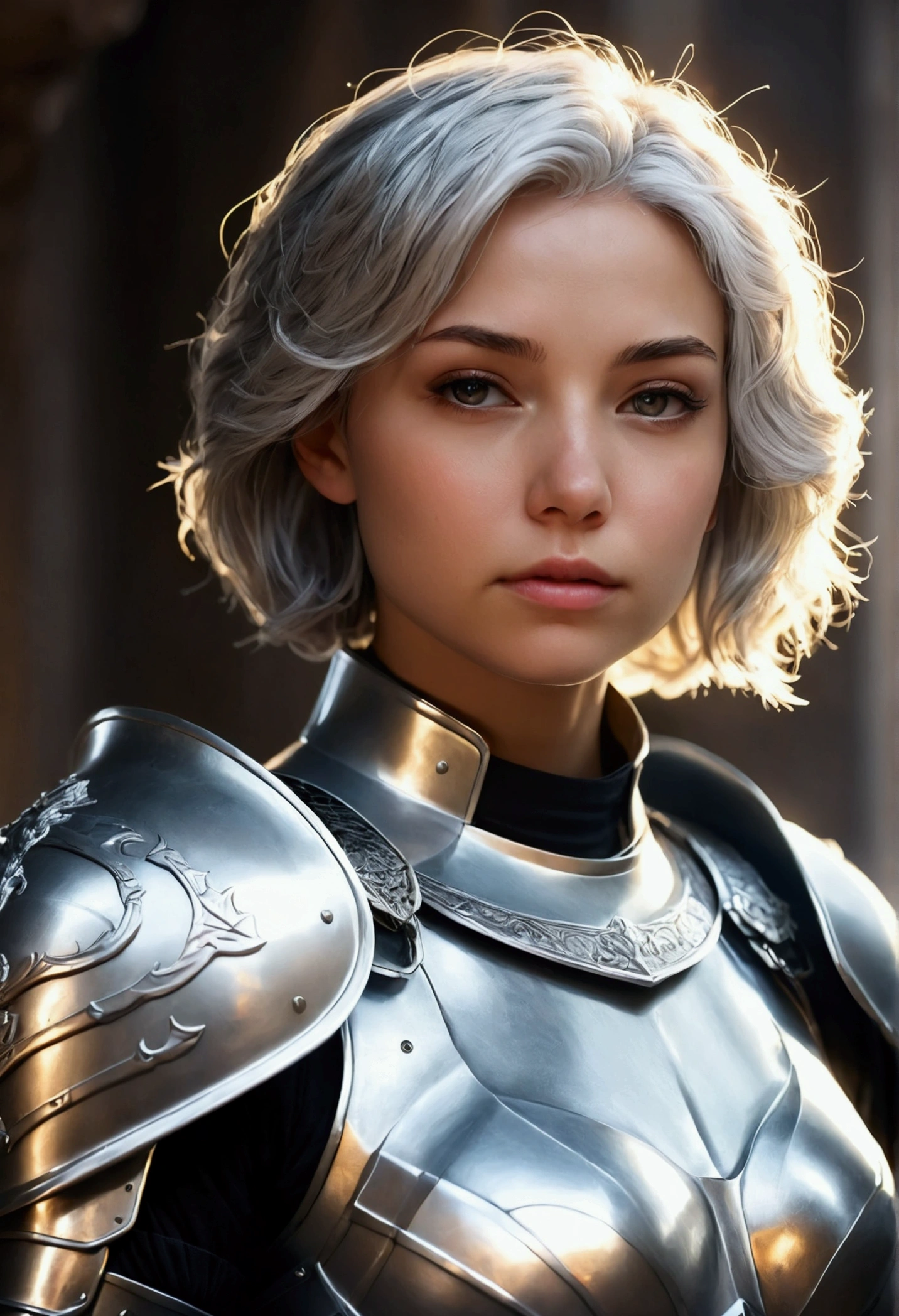 A beautiful silver-haired girl in armor, highly detailed, masterpiece quality, short hair, large bust, blurred background, solo female, commander of the silver-white holy knight order