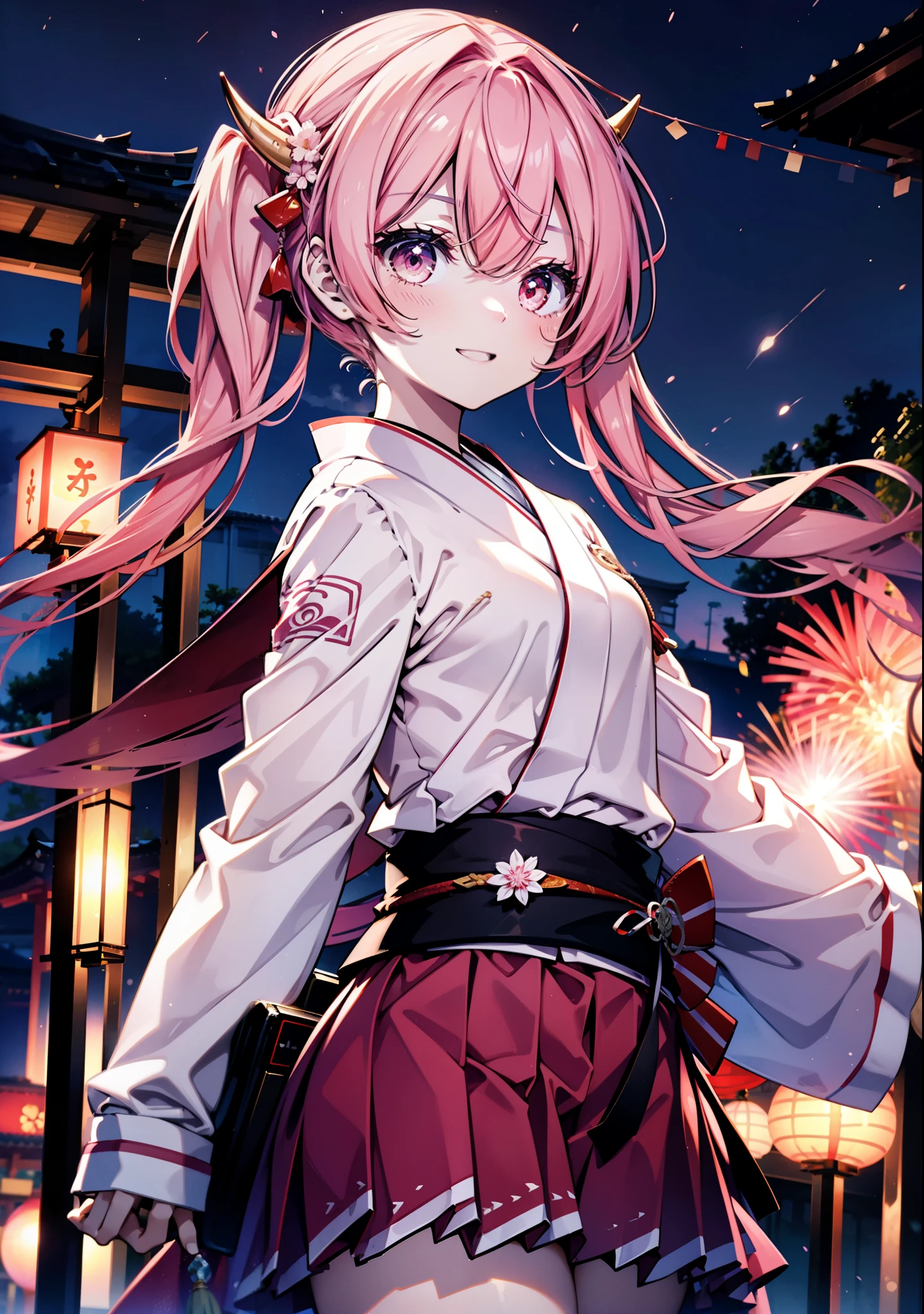 Aria h kanzaki,horn,Pink Hair,Long Hair,low 　Twin tails,小さいhorn,Red eyes,happy smile, smile, Open your mouth,pink kimono,Thick sleeves,Long skirt,日本のfestival,夏festivalの屋台,Red Lantern,night,night空のfirework,firework,場所はfirework大会,時間はnightです,sunny day,turn around,as if,walk,　　　　　　　　　　　　　　　  　　　　　break looking at viewer, Upper Body, (Cowboy Shot:1. 5),  　　　　　
break outdoors, festival,shrine,
break (masterpiece:1.2), Highest quality, High resolution, unity 8k wallpaper, (shape:0.8), (Beautiful attention to detail:1.6), Highly detailed face, Perfect lighting, Highly detailed CG, (Perfect hands, Perfect Anatomy),