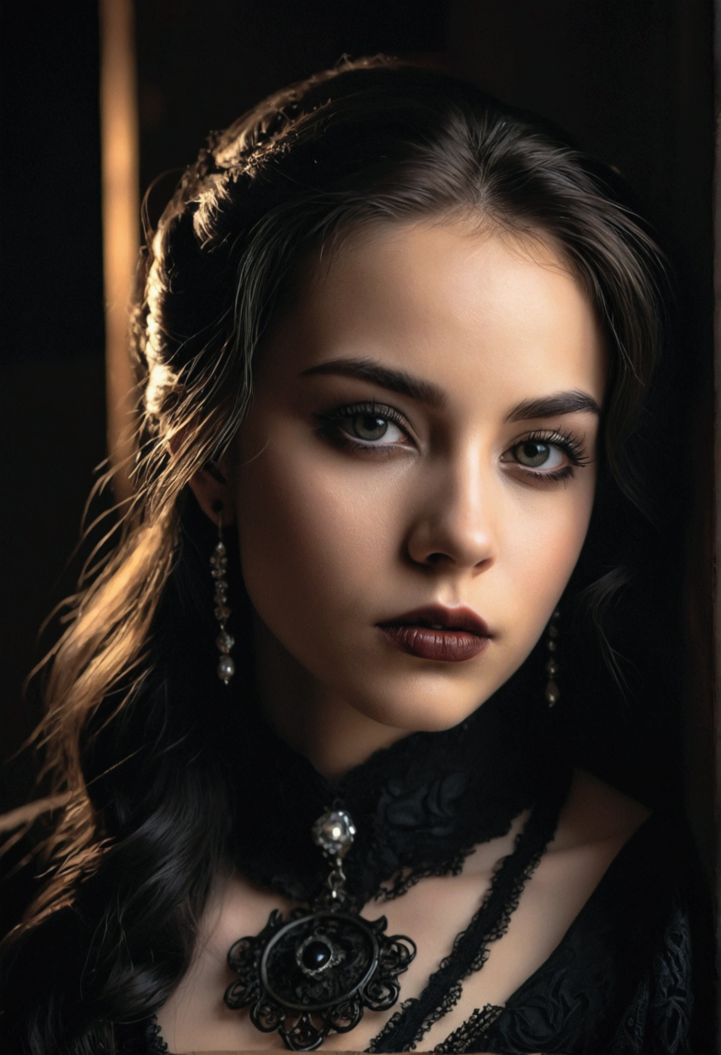 portrait of a 23 year old woman in gothic dress, 90s style, medium shot, side lighting, high quality photo, cowboy shot, detailed facial features, beautiful detailed eyes, beautiful detailed lips, extremely detailed face, long eyelashes, dark atmosphere, moody lighting, chiaroscuro lighting, cinematic lighting, dark colors, dramatic, mysterious, alluring, editorial fashion, vogue style, high fashion, elegant, graceful