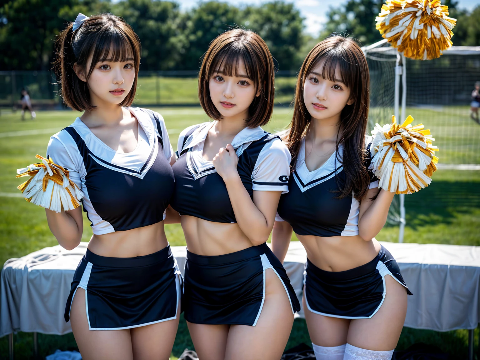 (RAW photo, 4k, masterpiece, high resolution, extremely complex) (realistic: 1.4), cinematic lighting
 ((2 girls, 2 schoolgirls)),blushing,((innocent)),bright eyes,round eyes,blunt bangs,(short bob hair:1.3),black hair,large breasts,wide hips,Summer Noon, ,Hot, (Best Quality), (Highres), (an Extremely Delicate and Beautiful),(Beautiful 8k face),(Brown eyes),( spectators),(gigantic breasts),(Play with each other,Touching each other's bodies,Touching the body),(cheer girl:1.5),(a miniskirt),(reality),bright lighting,(The background is a luxury hotel room)