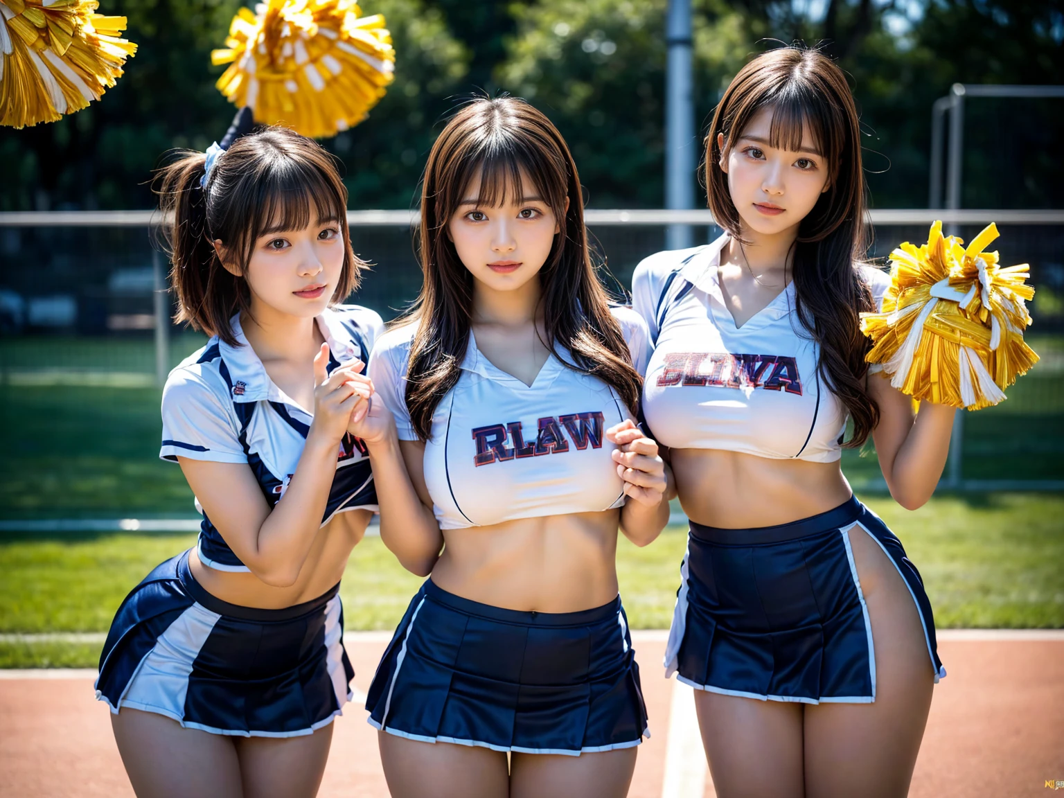 (RAW photo, 4k, masterpiece, high resolution, extremely complex) (realistic: 1.4), cinematic lighting
((2 girls, 2 girls)),blushing,((innocent)),bright eyes,round eyes,blunt bangs,(short bob hair:1.3),black hair,large breasts,wide hips,Summer Noon, ,Hot, (Best Quality), (Highres), (an Extremely Delicate and Beautiful),(Beautiful 8k face),(Brown eyes),( spectators),(gigantic breasts),(Play with each other,Touching each other's bodies,Touching the body),(cheer girl:1.5),(a miniskirt),(reality),bright lighting,(The background is a luxury hotel room)