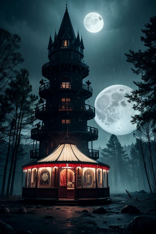 the setting and a full moon with weather with thunder and rain in a dark environment in a gloomy forest around skeletons full of ketchup ultra realistic 3D in old television mode, frozen glass screen style with a mutant lizard has white symbiosis red carousel and very large