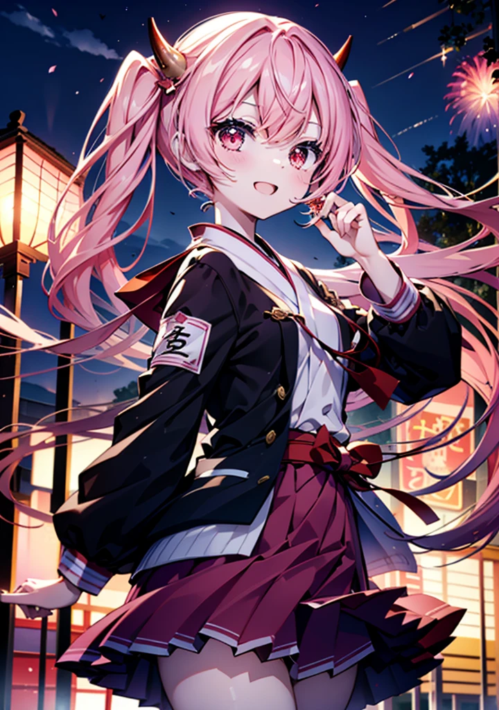 Aria h kanzaki,horn,Pink Hair,Long Hair,low 　Twin tails,小さいhorn,Red eyes,happy smile, smile, Open your mouth,pink kimono,Thick sleeves,Long skirt,日本のfestival,夏festivalの屋台,Red Lantern,night,night空のfirework,firework,場所はfirework大会,時間はnightです,sunny day,turn around,as if,walk,　　　　　　　　　　　　　　　  　　　　　break looking at viewer, Upper Body, (Cowboy Shot:1. 5),  　　　　　
break outdoors, festival,shrine,
break (masterpiece:1.2), Highest quality, High resolution, unity 8k wallpaper, (shape:0.8), (Beautiful attention to detail:1.6), Highly detailed face, Perfect lighting, Highly detailed CG, (Perfect hands, Perfect Anatomy),