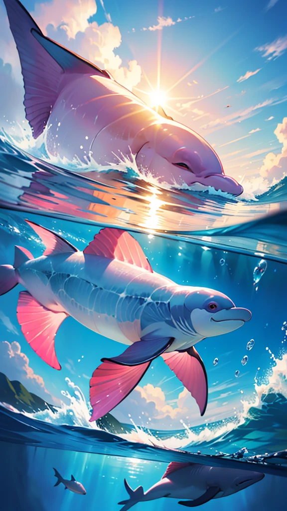 a beautiful pink dolphin swimming in the ocean, extremely detailed, 1 dolphin, photorealistic, 8k, high quality, hyperrealistic, vibrant colors, detailed ocean waves, sun shining through the water, underwater scene, serene atmosphere, realistic lighting, dynamic composition