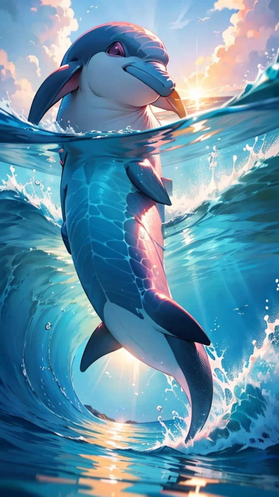 a beautiful pink dolphin swimming in the ocean, extremely detailed, 1 dolphin, photorealistic, 8k, high quality, hyperrealistic, vibrant colors, detailed ocean waves, sun shining through the water, underwater scene, serene atmosphere, realistic lighting, dynamic composition