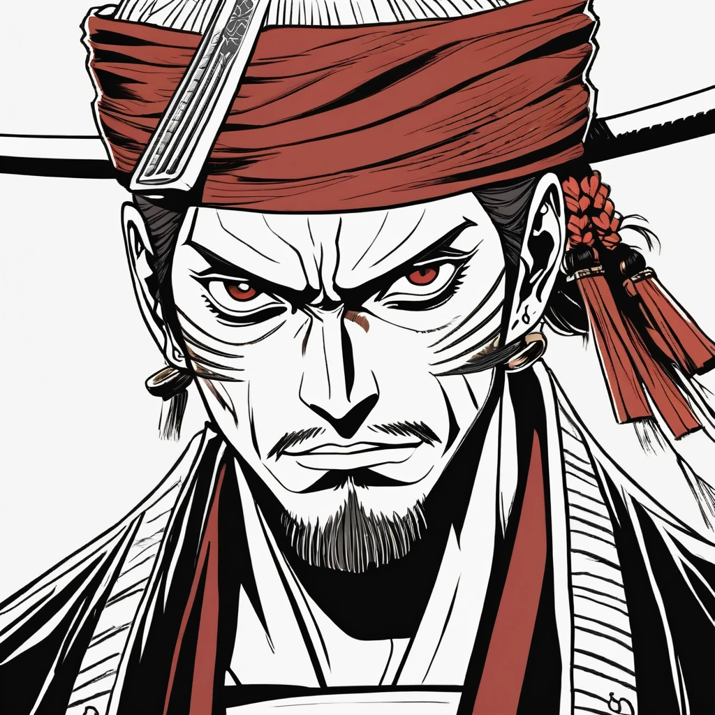 vectorArt, illustration, white background, t-shirt design, streetwear,Create an illustration of akagami shanks from One Piece in a traditional ink drawing style reminiscent of classical East Asian artwork. Use only black ink on a white background for a high-contrast effect, with intricate lines and hatching to add depth and texture, focusing on shanks facial features, hair, and clothing details. Employ varied brush strokes for a dynamic and expressive quality, emphasizing shanks's rugged and intense expression. Highlight the texture of materials such as the roughness of his skin, the smoothness of his swords, and the details of his outfit. Use cross-hatching and varied line density for shading to create a sense of volume and three-dimensionality. Draw inspiration from traditional Japanese samurai portraits to depict shanks with his signature attire, including his haramaki, long coat, and three swords,three scratch mark on left eye capturing his confident and fierce demeanor with lifelike detail and emotional intensity.
