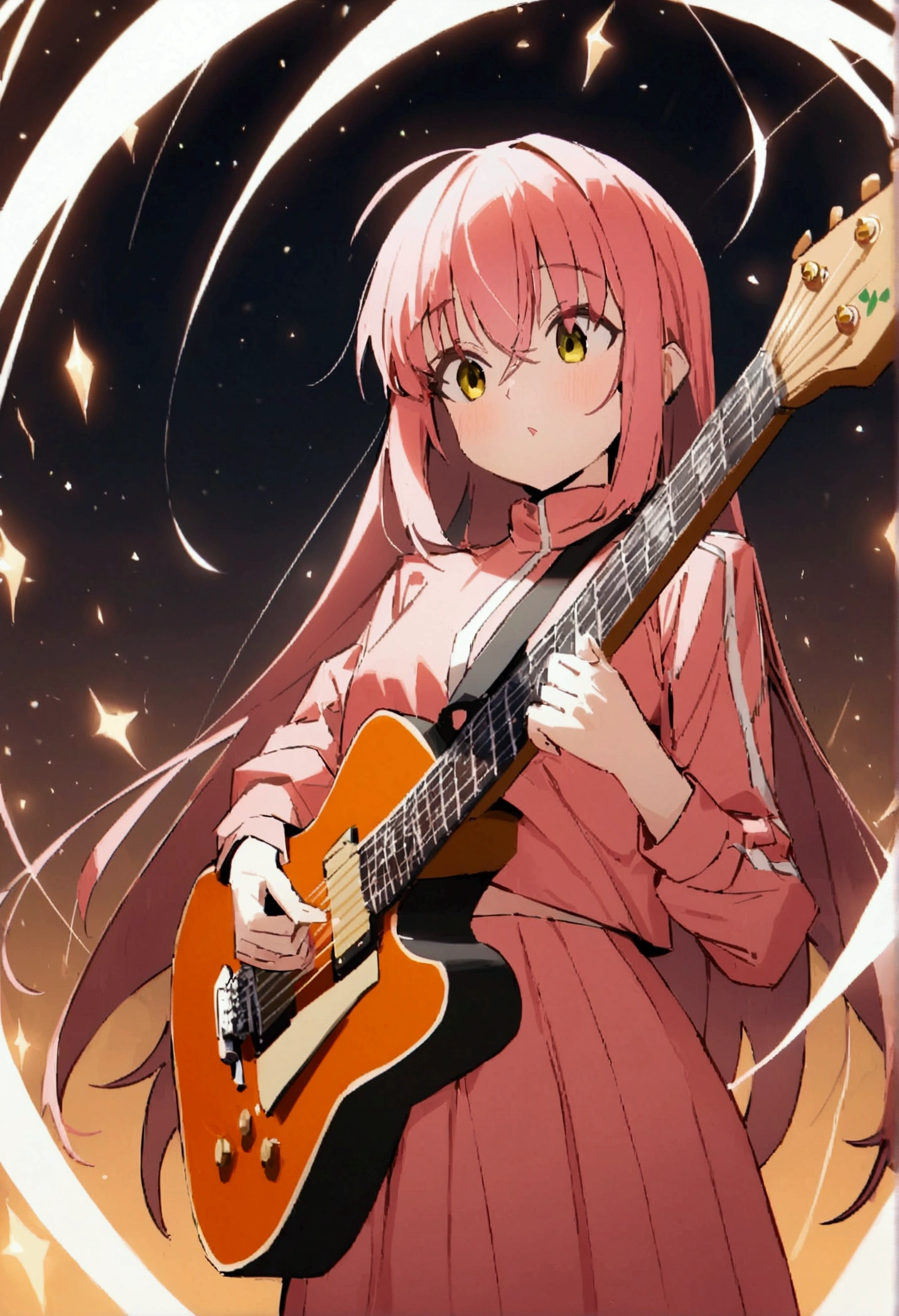 score_9,score_8_up,score_7_up,best quality,, perfect anatomy,,.,dynamicangle,1girl, gotoh hitori, bocchi the rock!, mediumshot,guitar,spark,lightparticle,