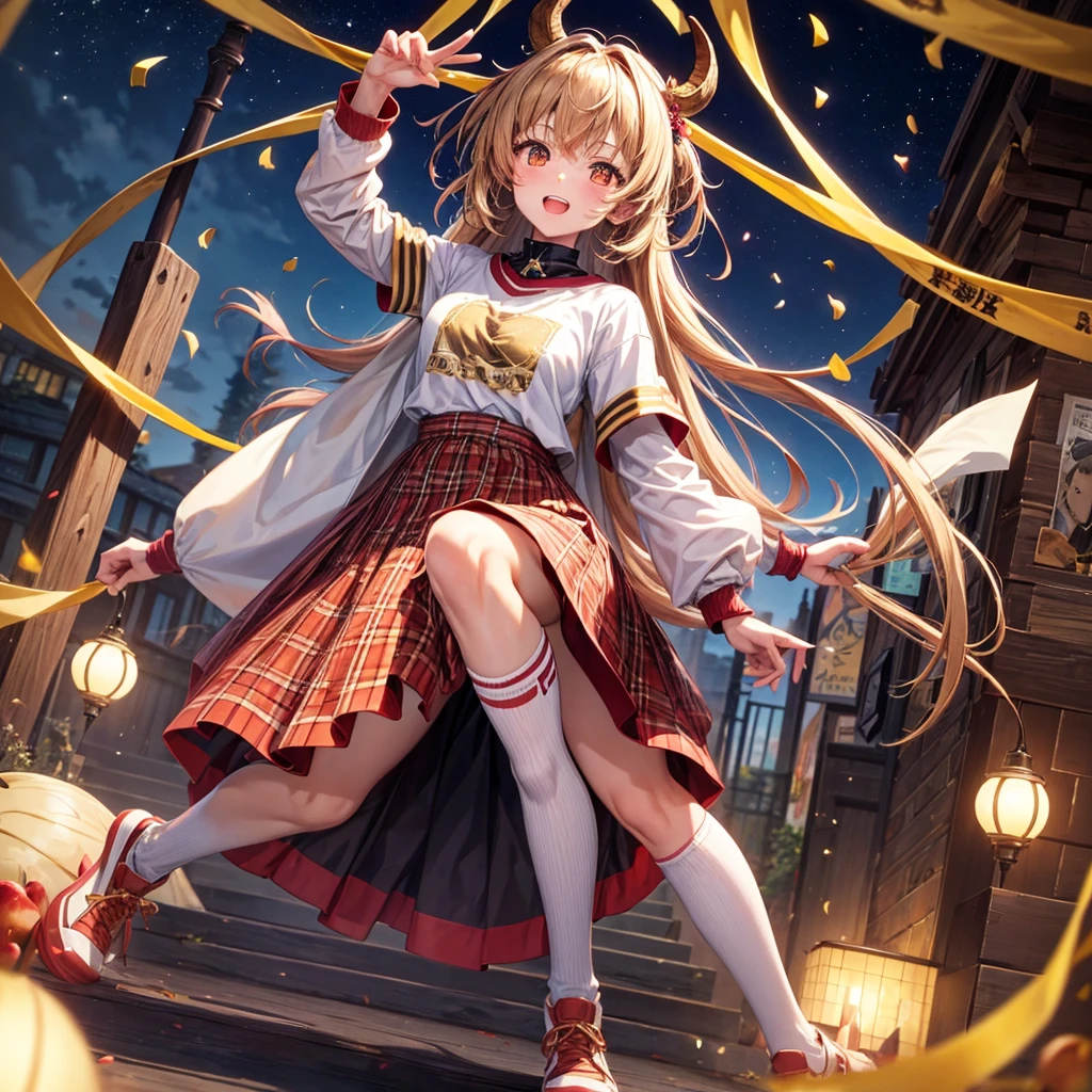 Brown and gold hair、Red gold eyes、Hair tied up、One good looking girl、solo、anime、Checkered mini skirt、T-Shirts、Black knee-high socks、Teeth are visible、Starry Sky、Midnight Moon、Confetti、A large cherry tree growing on the top of a rocky mountain、Home々、Light is flowing、Wearing a bell、Petting a goat、Apple