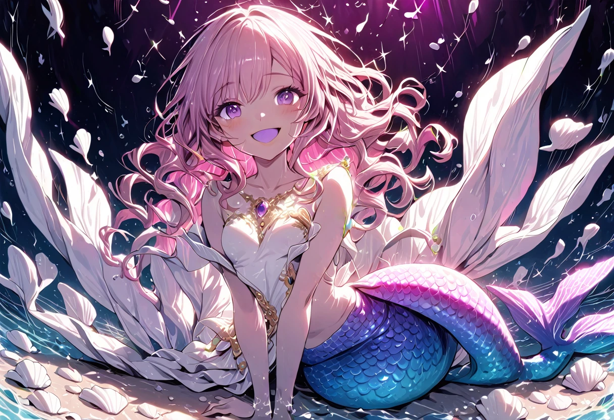 (Exquisite, beautiful, Very detailed, masterpiece, high quality, Confused, High resolution, Full HD, 16K), (woman,Mermaid),(Sitting on a large white shell),((Happy, fun, smile, Laughter:1.3)), (Bob, Wavy Hair, Pink Hair), Purple eyes, ((Sing a song:1.5)),Big eyes, Fair skin, slim,( Soft Edge, Soft lines), Wide Shot, (Saturated colors, Bright colors, pastel colour), (under the beautiful sea, Sea), Dramatic lighting, Warm lighting, Soft lighting, Fantasy, Romantic atmosphere, Dreamy atmosphere, floating