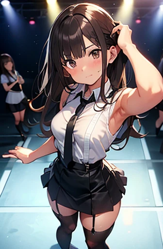 Long black hair、Looking at the audience　　suspenders　　　bulging big breasts　　 　 　　　　Black mini skirt　garter belt　Knee-high socks　　　　　　sight　　　Small face　bangs 　　　　　beauty　　Show your hand　　 　sight 　Black boots 　Taunt　　Armpit sweat　One person 　　Place your hands behind your back　Dress shirt　　Panty shot