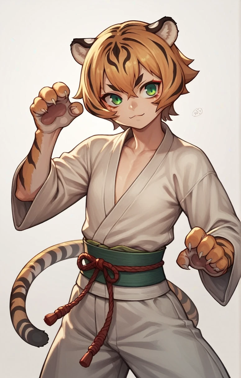 ((Tiger Girl)),((,Fantasy,Blue-green kimono,Flat Chest)),((Martial Artist))anime, alone,Women's furry mini cute style,humanoid cheetah,No light,Left facing