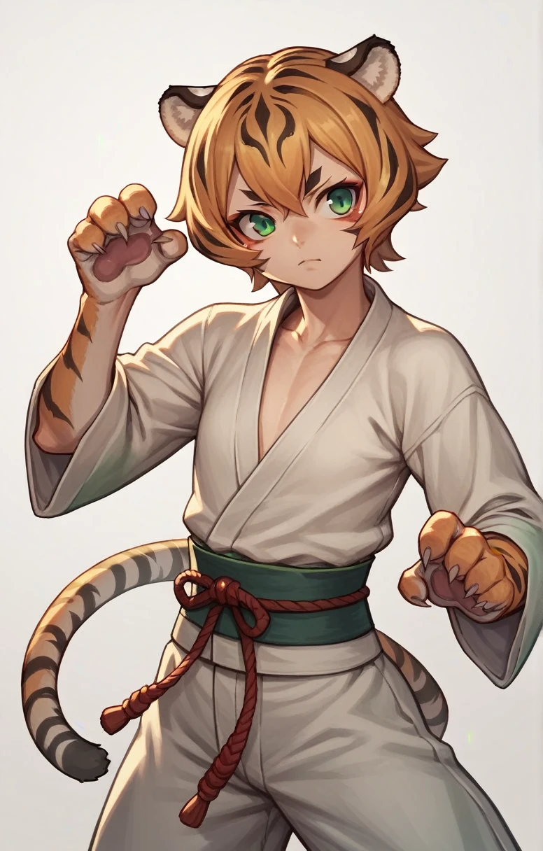 ((Tiger Girl)),((,Fantasy,Blue-green kimono,Flat Chest)),((Martial Artist))anime, alone,Women's furry mini cute style,humanoid cheetah,No light,Left facing