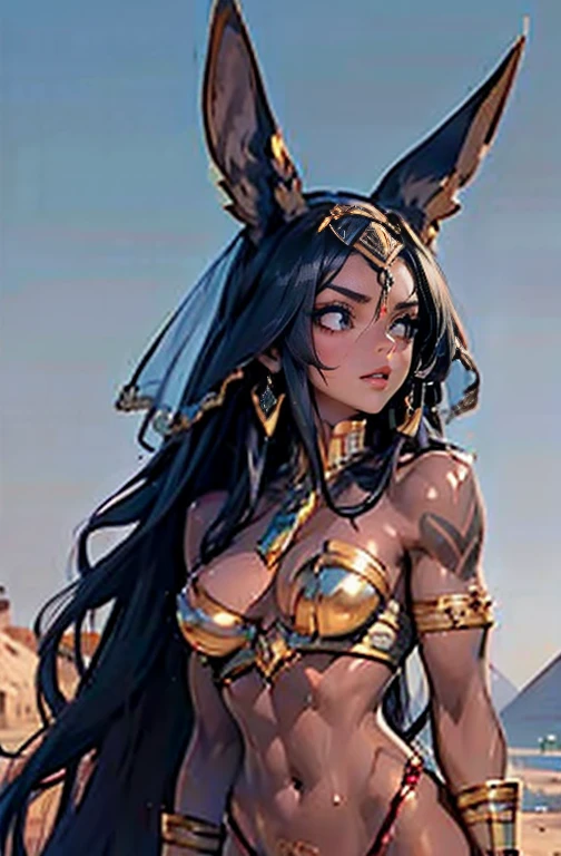 ((Frank Frazetta)), Beautiful full-bodied black woman, gorgeous eyes、 egyptian woman, Egyptian adornments, muscled body e perfeito,(maximum quality、8k、32 mil、Masterpiece artwork、nffsw:1.3)、超High resolution,(Photorealistic:1.4),, long black hair with heavy bangs on the forehead,,,sun glints,depth of fields,Backlight effects add depth to the screen、muscled body, red veil, dark skin shiny with oil and sweat, Anubis warrior in small clothes, good golden, Egyptian tattoo,, breasts big, generous neckline, , A desert, pyramids in the background