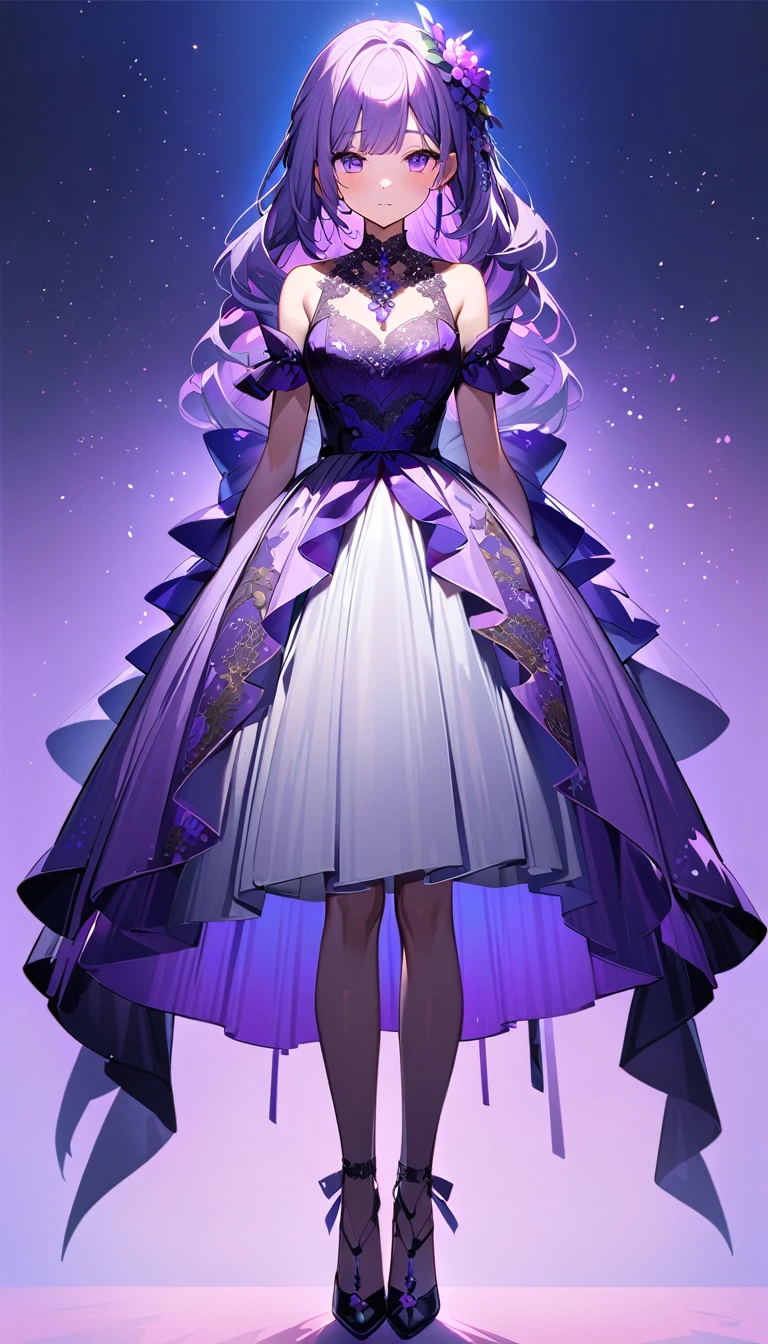 Purple light, girl, Are standing, whole body, front, Purple Flower, Looking into the camera, Tulle Lace Dress, Blue-violet background　