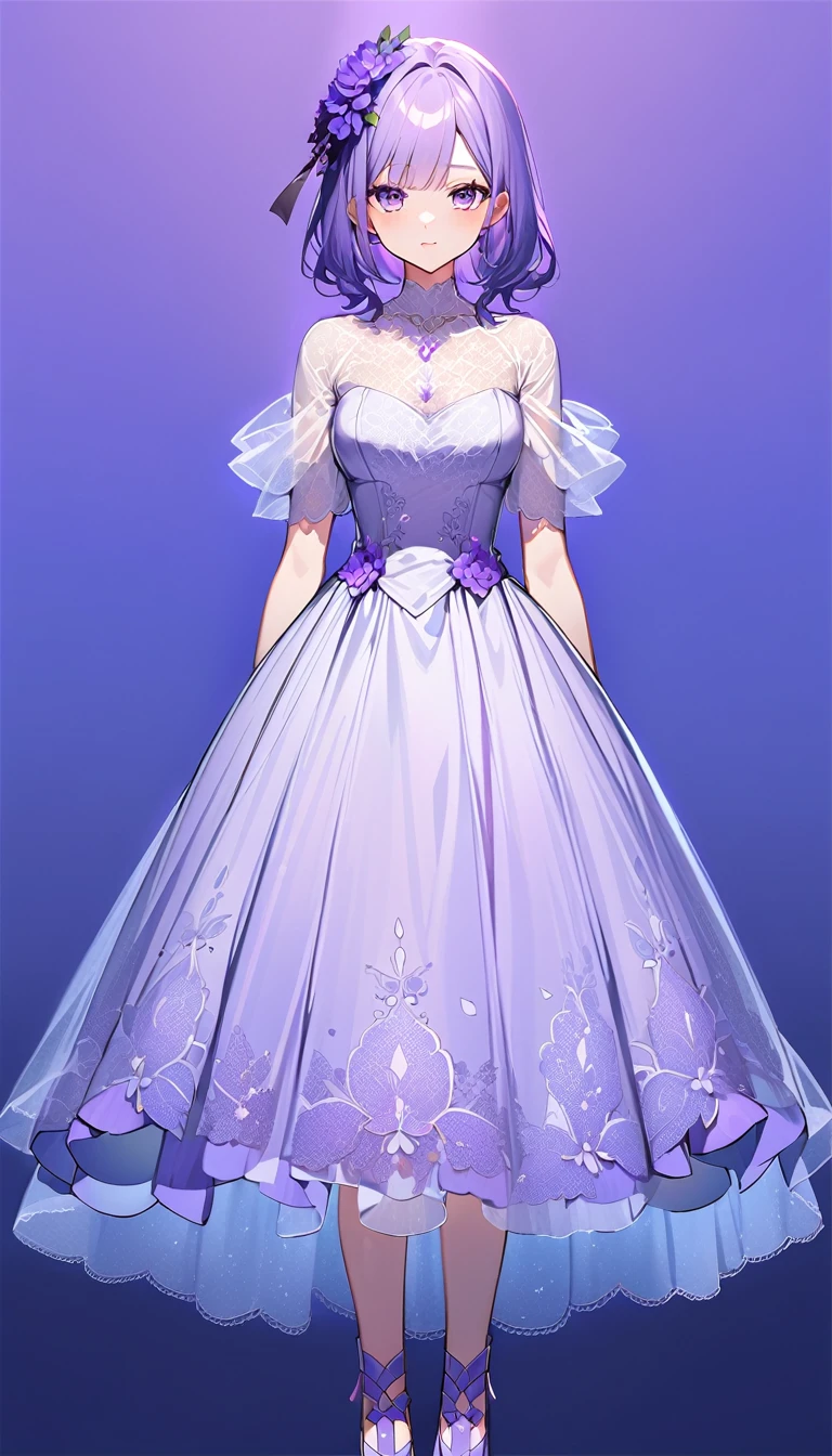 Purple light, girl, Are standing, whole body, front, Purple Flower, Looking into the camera, Tulle Lace Dress, Blue-violet background