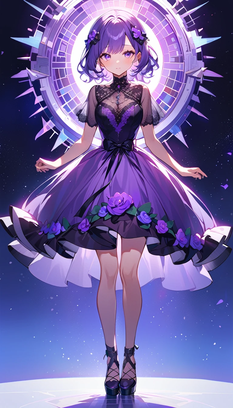 Purple light, girl, Are standing, whole body, front, Purple Flower, Looking into the camera, Tulle Lace Dress, Blue-violet background　
