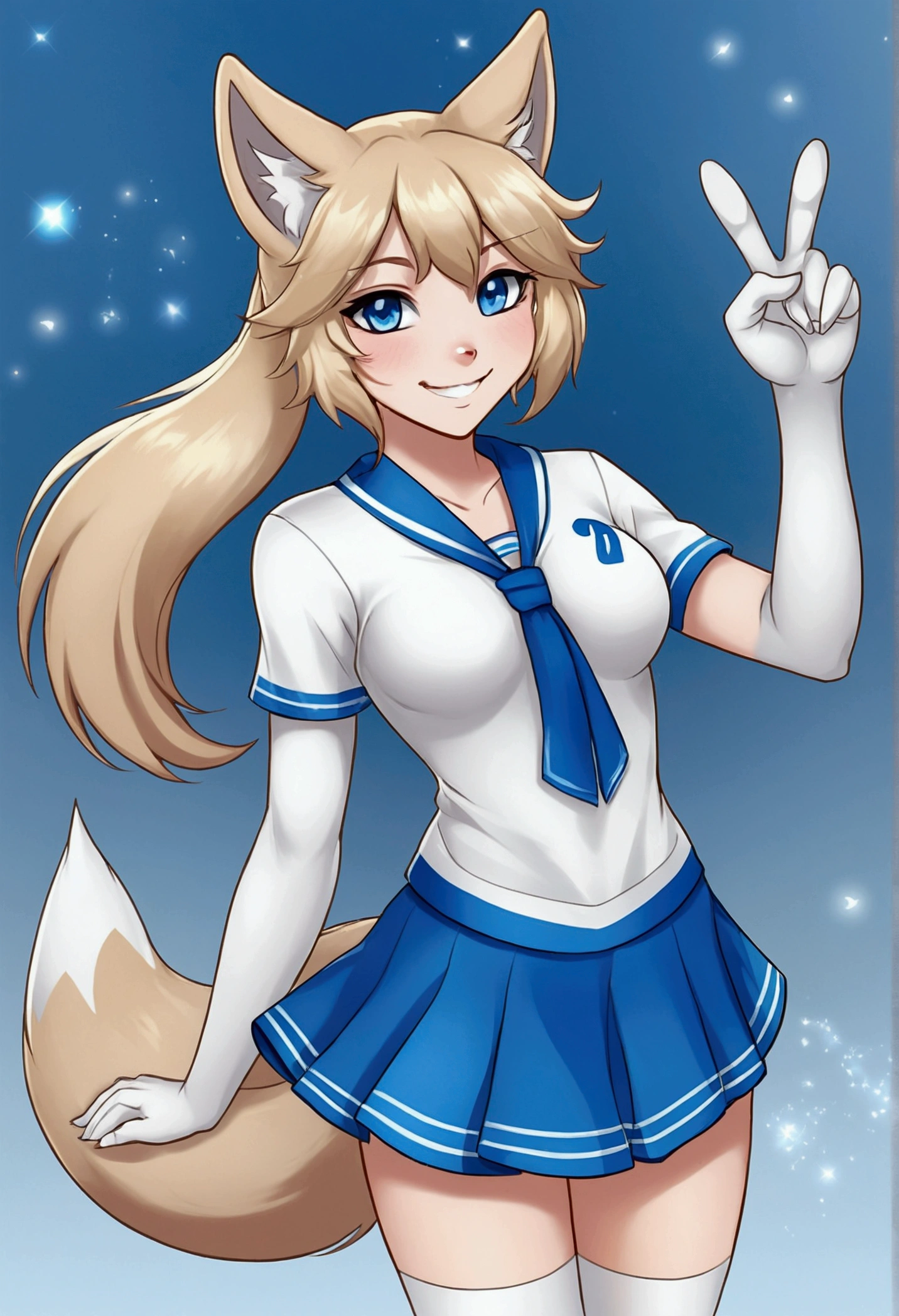 Solo, score_9,score_8_up, score_7_up, an Anthro furry wolf girl, silver furry body, golden blonde hair, beautiful opalescent blue eyes, black nose, wearing skimpy blue and white cheerleaders uniform, holding up two peace signs with her hands, standing, big smile, sparkling blue eyes, mystical magical abstract background