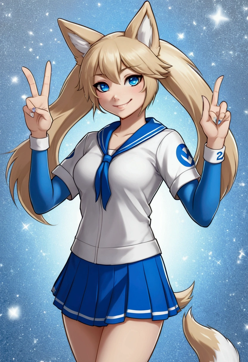 Solo, score_9,score_8_up, score_7_up, an Anthro furry wolf girl, kemono style, silver furry body, tall, hourglass figure, silver wolf tail, golden blonde hair, hair in a ponytail, beautiful opalescent blue eyes, black nose, wearing blue and white cheerleader outfit, holding up two peace signs with her hands, standing, big smile, sparkling blue eyes, silver abstract background, soft shading, soft line art,