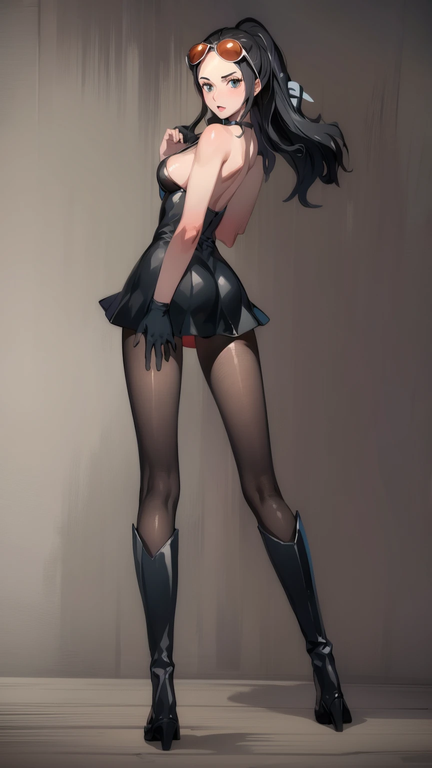 Masterpiece, best quality, absurdres, 1girl, beautiful legs, menat_holiday, light smile, dark skin, Green eyes, egyptian, bob cut, red dress, (black hood), black gloves,(shiny thighs),, , bare shoulders,sexy thighs,(((beautiful leg))),((solo)),panty shot,evil smile,from behind,back shot,ass,ass focus,close up,in bedroom,upskirt,camel toe