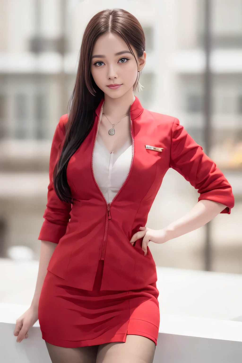 (masterpiece:1.2, Highest quality:1.2), 32k HDR, High resolution, (alone, 1 Girl), （AirAsia stewardess uniform realistic style）, A proper woman, Beautiful Face, Brown Hair, (Long hair down to the legs), (Red jacket:1.1, Unzipped jacket, Unbuttoned white shirt:1.05, Red mini skirt:1.1, pantyhose),（Showing big  through cleavage in unbuttoned white shirt）、（long hair that reaches down to the legs）、Perfect slim body:1.1, Huge breasts, huge breasts cleavage, Detailed skin texture, Beautiful Eyes, (Attractive look:1.2), necklace、Earrings、(forward leaning posture:1.5）, On the roof of a building, Rooftop at daytime,Blue eyes、Hands should be lowered