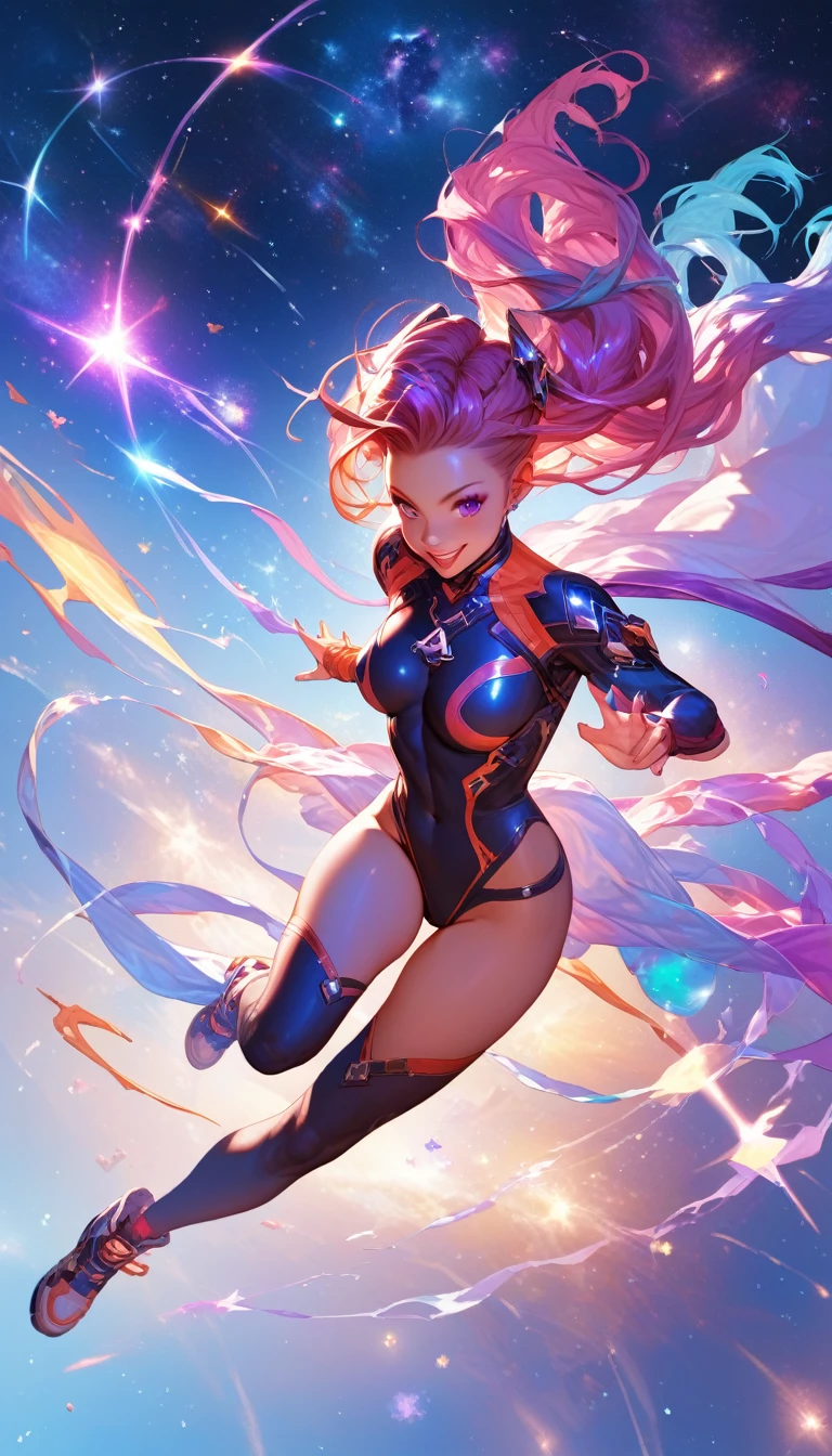 Attention to detail, Super Detail, Ultra-high resolution, Girl enjoying time in fantasy galaxy, Surrounded by stars, A warm light shines on her, The background is a starry sky，There are colorful galaxies and galactic clouds, The stars were flying all around her, Delicate face, Add a fun atmosphere , 