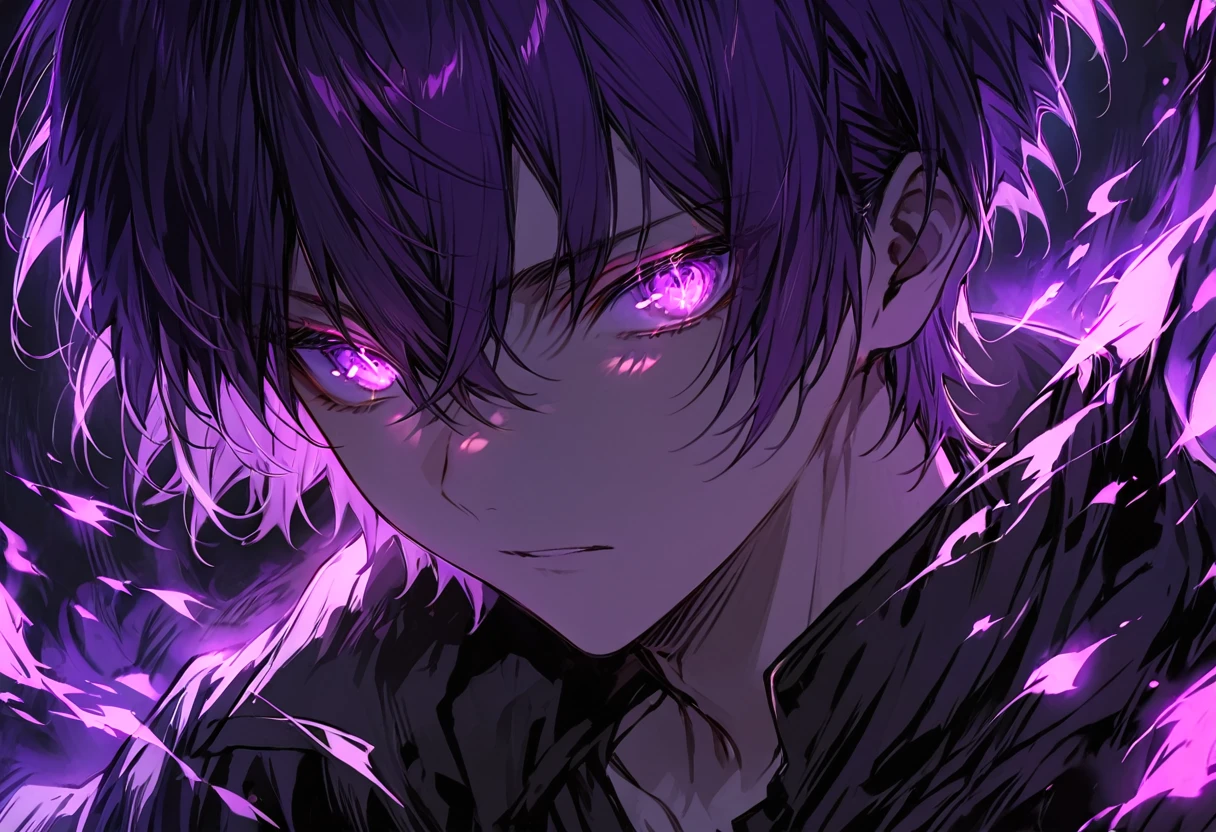 good looking, alone, 1 male, short hair, Dark purple hair, Purple eyes, Black Shirt, Black Cape, darkness, Glowing Eyes