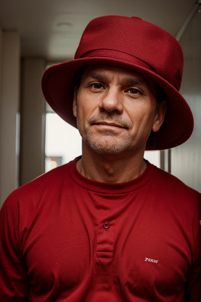 a forty-five year old man wearing a hat and wearing red clothes