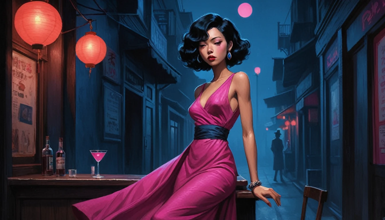 robert johnson, gritty, alabama bar, blue note, charismatic , fuchsia dress, illustration, noir fantasy, lone asia lady, sad ending, saxophonist