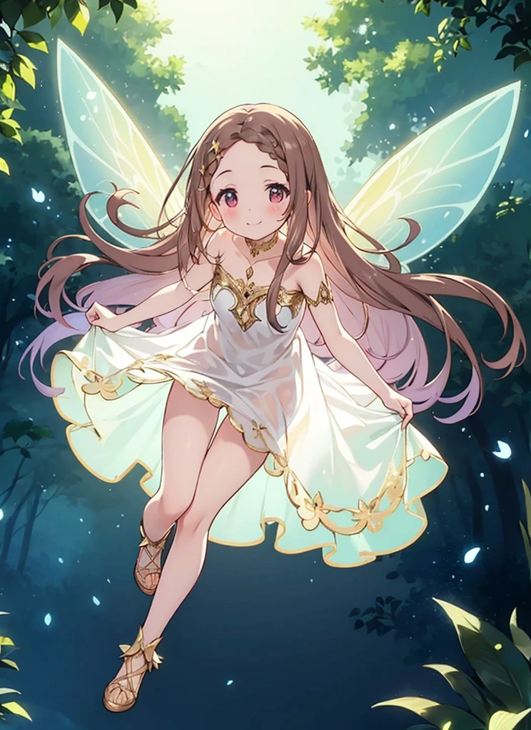 fairy, fairy wings, nsfw, sheer dress, full body, long bronze hair, forehead, fairy dust overlay, flying, smile,