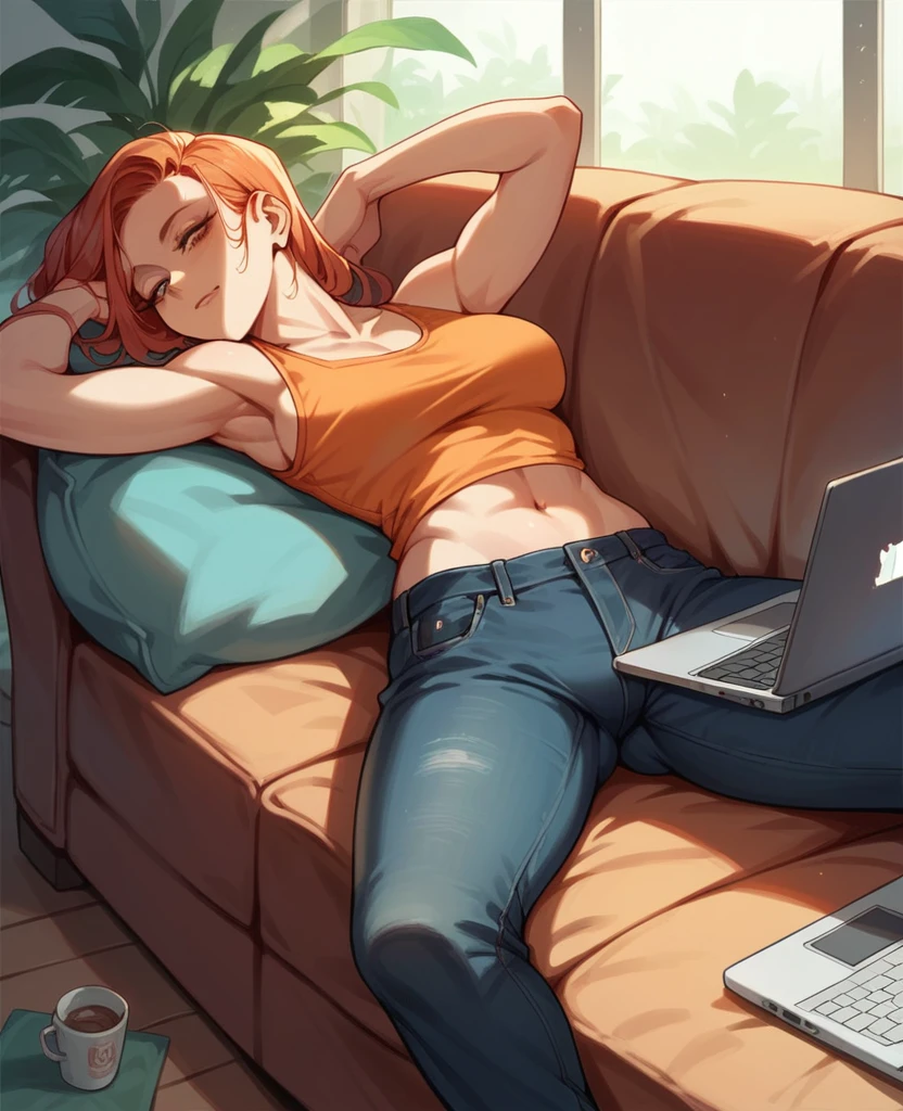 Make a woman, wearing a orange sexy tank top with black jeans, using a laptop , relaxing on a sofa.