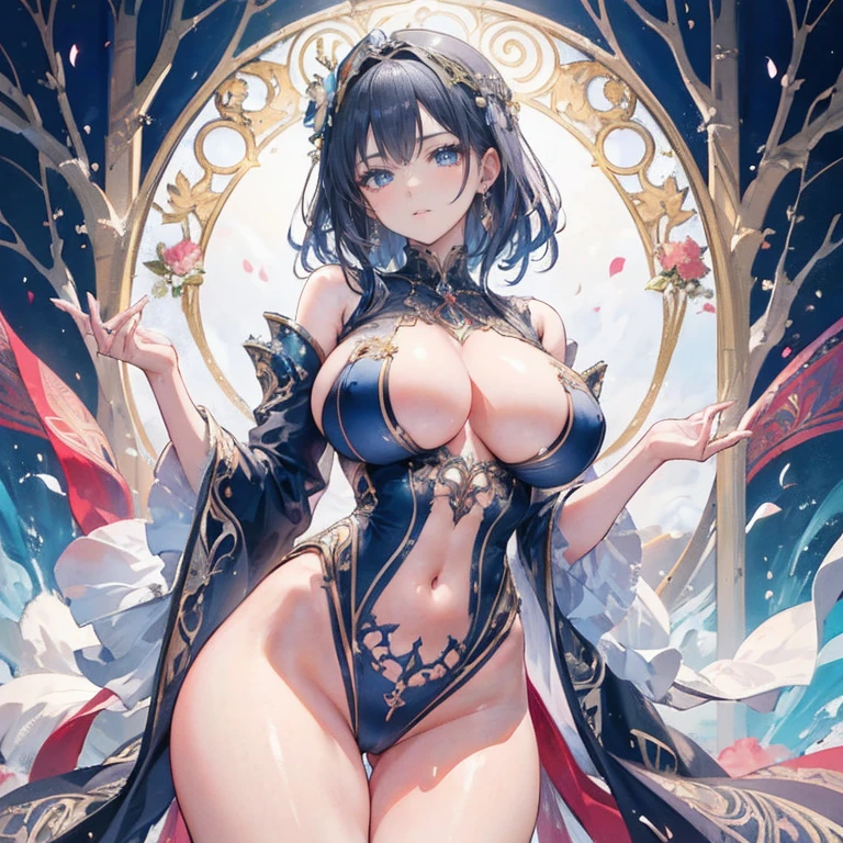 a beautiful detailed woman, 1girl, perfect body, sensual figure, slender, large breasts, thick thighs, gorgeous face, intricate details, high quality, masterpiece, official art, stunning, vibrant colors:1.5, art nouveau:1.5