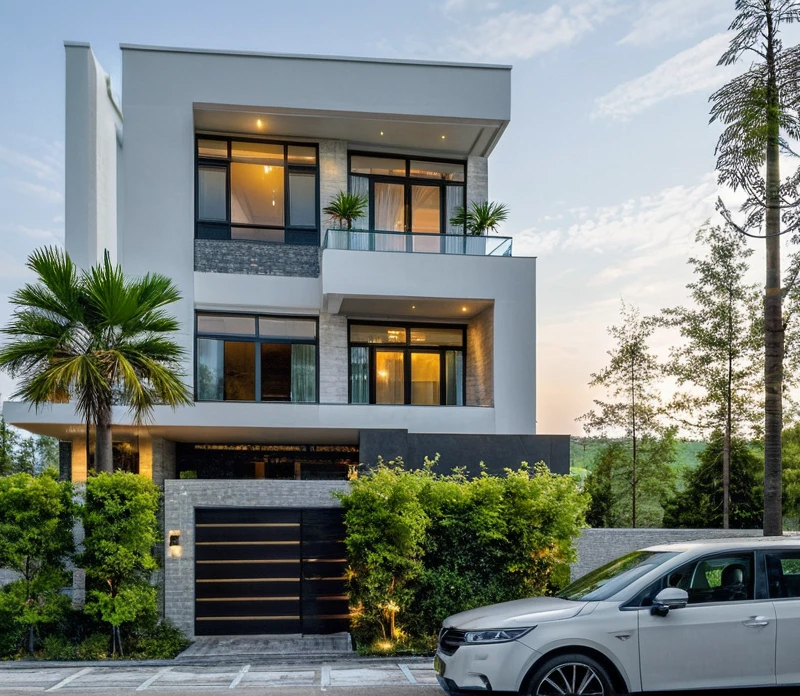 Masterpiece, high quality, best quality, authentic, super detail, outdoors, onestoreyvillaXL, aiaigroup, house style modern on the street ,stairs, white wall ,road,pavement, grass, trees, sky, cloud, (daylight:1.1)