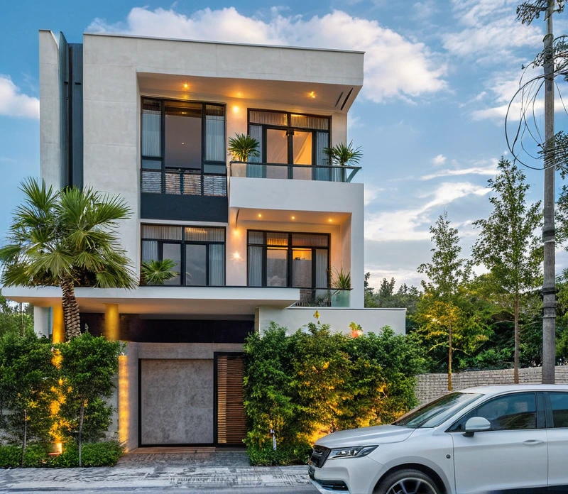 Masterpiece, high quality, best quality, authentic, super detail, outdoors, onestoreyvillaXL, aiaigroup, house style modern on the street ,stairs, white wall ,road,pavement, grass, trees, sky, cloud, (daylight:1.1)
