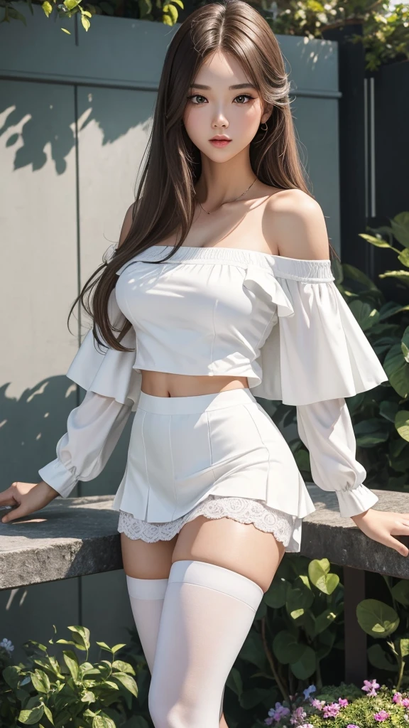 (Best quality)), ((masterpiece)), (detailed),
1 girl, very hot physique, long light hair, neat facial features, white off-shoulder blouse, short white tennis skirt, and high white stockings, she doesn't wear shoes, she has big hot breasts, who pops out of her blouse, pulling it on.She is sitting on the bed and has a shocked expression on her face..
