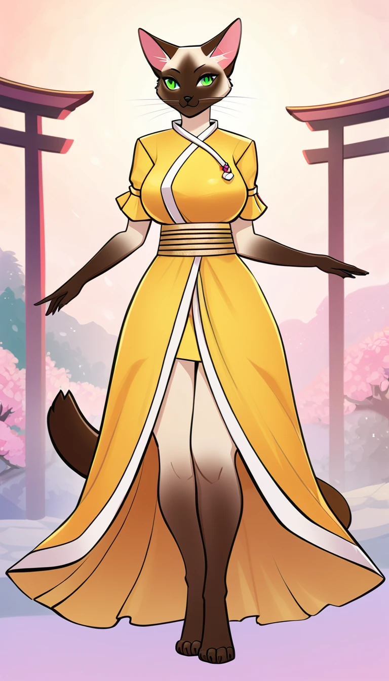 Ultra quality, Stylized 2D style, vivid colors, 1girl, anthro, fur, fluffy, siamese cat, she have a green eyes, She Is Wearing A Yellow Japanese Dress, she has medium sized breasts, she has wide hips, Shes is slim and tall, full image body character view.
