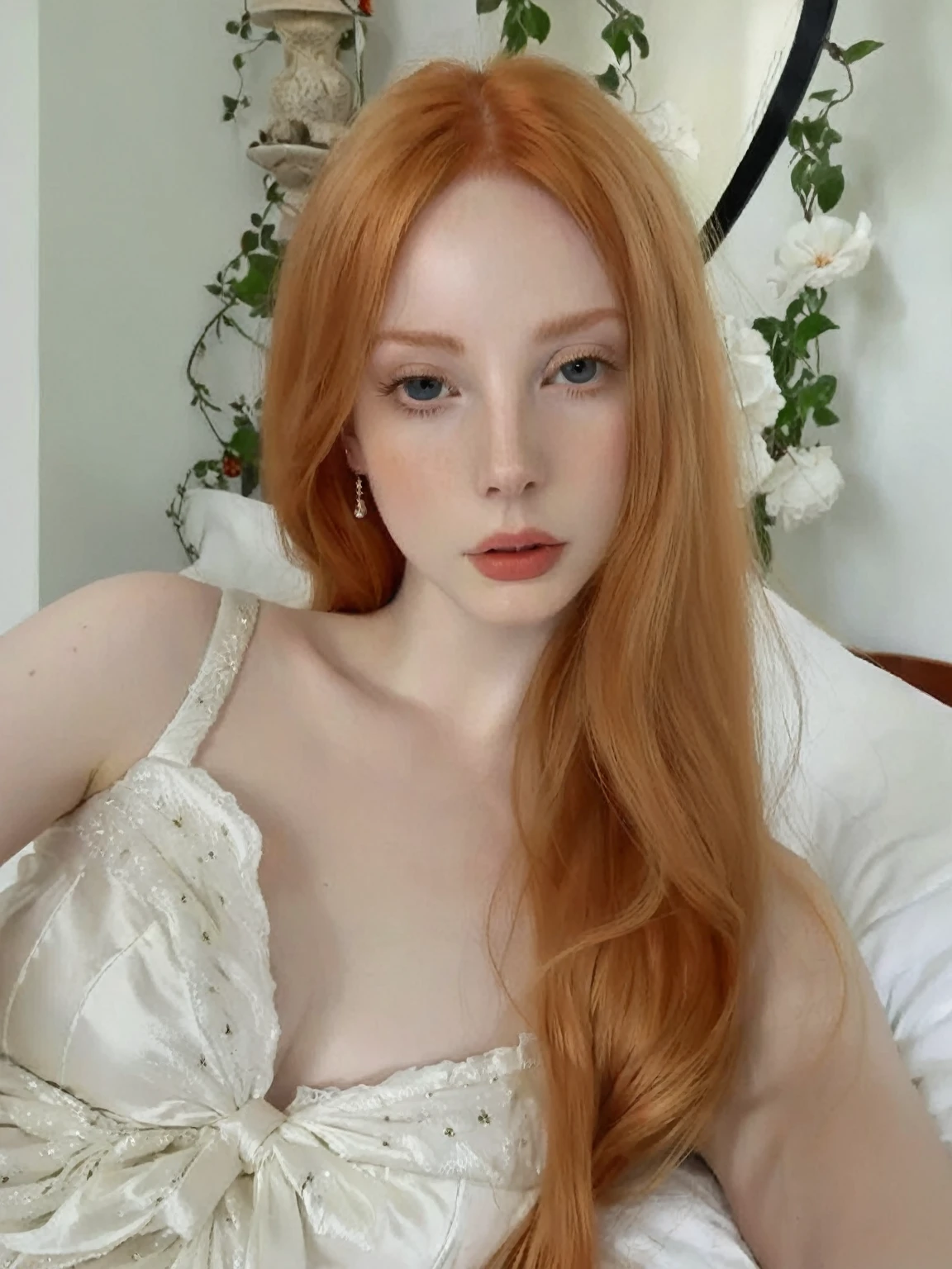 There is a woman with long red hair lying on a bed., amaranth, con pale skin, pale porcelain white skin, pale skin y clara!!, pale skin y brillante, she has long orange hair, She has long orange-brown hair., pale skin, smooth and impeccable, pale red, pale skin marfil, pale skin de porcelana, soft and pale skin