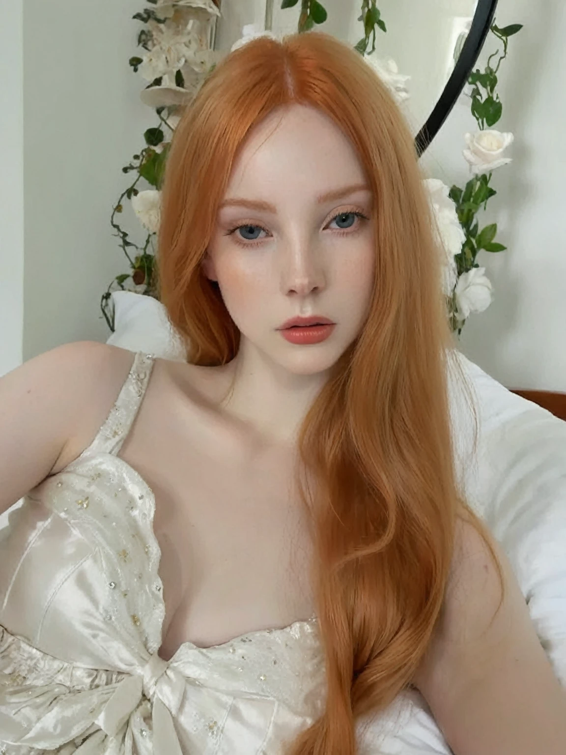 There is a woman with long red hair lying on a bed., amaranth, con pale skin, pale porcelain white skin, pale skin y clara!!, pale skin y brillante, she has long orange hair, She has long orange-brown hair., pale skin, smooth and impeccable, pale red, pale skin marfil, pale skin de porcelana, soft and pale skin