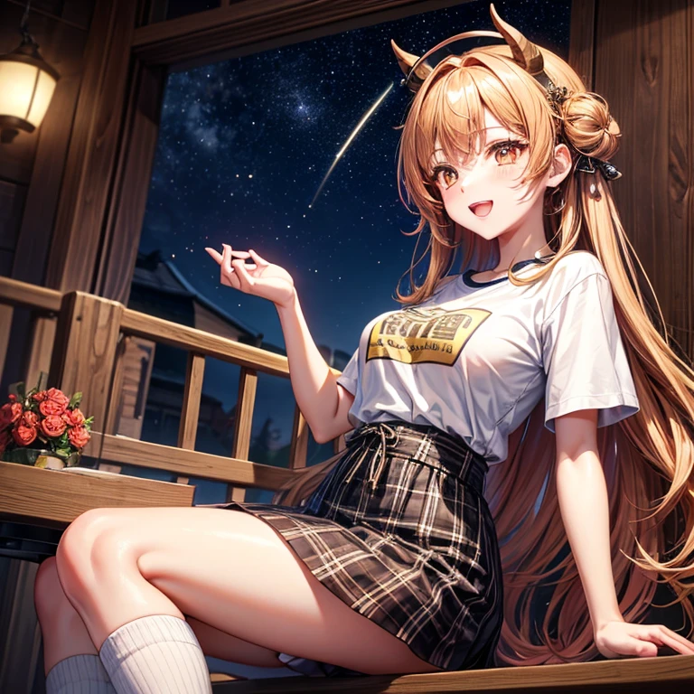Brown and gold hair、Red gold eyes、Hair tied up、One good looking girl、solo、anime、Checkered mini skirt、T-Shirts、Black knee-high socks、Teeth are visible、Starry Sky、Midnight Moon、Confetti、A large cherry tree growing on the top of a rocky mountain、Home々、Light is flowing、Wearing a bell、Petting a goat、Apple