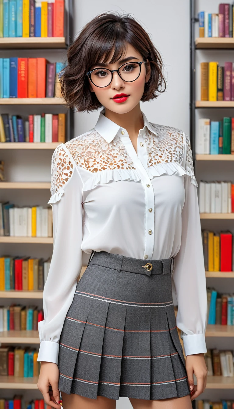 (((beautiful beautiful Isabela Merced, posing for shipmentss, looking sexy, ruffled lips, Short curly hair in different colors, extremely pretty eyes))), ((wearing floral silver necklace)), realistic shipmentsgraph, highy detailed, Foco do pointed, (Main lighting), (indoor bookstore environment), work of art, extremely pretty, Perfect beauty, (perfect shape body, Broad Hips, small waist, thick-thighs, firm abs, Body cute, knees, knees, focus on the knees, breasts small), short hair of different colors with bangs, short hair with bangs of different colors cobrindo a testa, short hair with bangs of different colors ((((short hair of different colors with bangs cobrindo a testa)))), ((30 years old)), (extremely detaild 8k wallpaper), ((face detailed)), (((wearing open white shirt, microsaia curta de tweed, knees, knees, Very Short Skirt)), (long dark eyelashes), (looking at the camera), (((neckleace))), (glamor model), (seductive facial expression) (((standing between high shelves full of books))), extremely detaild, work of art, details Intricate, highy detailed, Foco do pointed, skin detailed, realistic skin texture, texture, detailedeyes, high resolution, Cores Kodak Vision, shipments_\(ultra\), Post-processing, Maximum details, roughness, real-life, ultra realistic, shipmentsrealism, shipmentsgraphy, absurderes, RAW shipments, highest quallity, high detail RAW color shipments, professional shipments, extremely detaild UHD 8k wallpaper unit, best qualityer, high resolution, (work of art, maximum quality, high resolution:1.4), shipments, cinematic, film grain, pointed, soft natural light, magic shipmentsgraphy, super verbose, ((all-body: legs 1.7)), librarian glasses, nerd glasses, ((pleated miniskirt: miniskirt 1.6)), unbuttoned blouse with neckleace, へそ, へそ, neckleace, (Head to knee, all-body: knees 1.3)