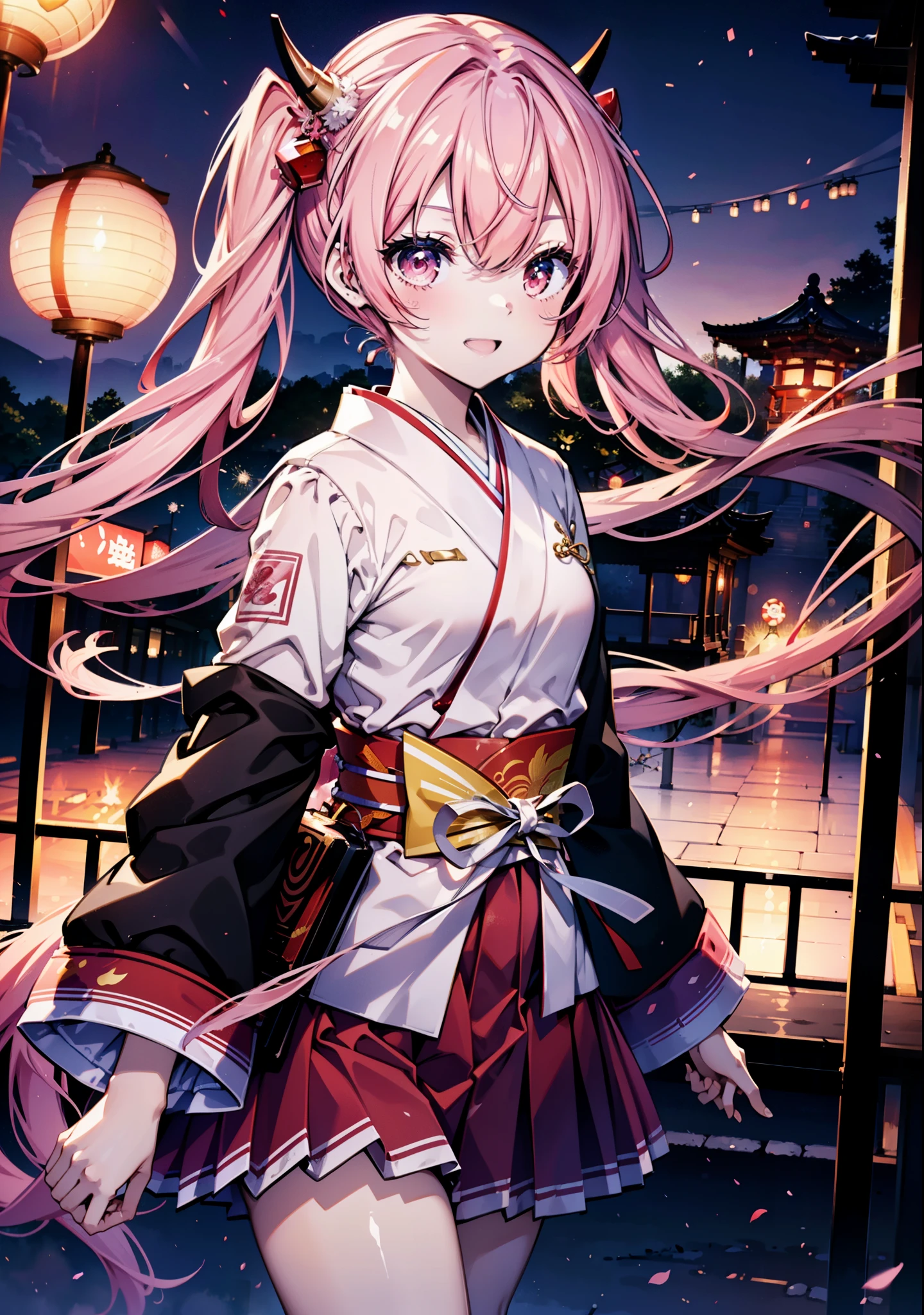 Aria h kanzaki,horn,Pink Hair,Long Hair,low Twin tails,小さいhorn,Red eyes,happy smile, smile, Open your mouth,pink kimono,Thick sleeves,Long skirt,日本のfestival,夏festivalの屋台,Red Lantern,night,night空のfirework,firework,場所はfirework大会,時間はnightです,sunny day,turn around,as if,walk, break looking at viewer, Upper Body, (Cowboy Shot:1. 5),
break outdoors, festival,shrine,
break (masterpiece:1.2), Highest quality, High resolution, unity 8k wallpaper, (shape:0.8), (Beautiful attention to detail:1.6), Highly detailed face, Perfect lighting, Highly detailed CG, (Perfect hands, Perfect Anatomy),