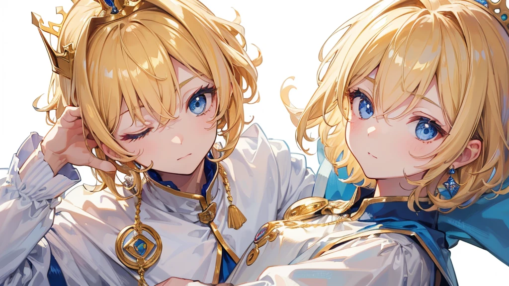 (Highest quality)　(4K)　(8k)　(High resolution)　(masterpiece:1.2)　(Super detailed)　One boy　short hair　Wizard　Blue Eyes　Long sleeve　Golden decoration　Hair between the eyes　Closed Mouth　White Dress　Wavy golden hair　Upper Body　crown　(White Background)　cute　Young