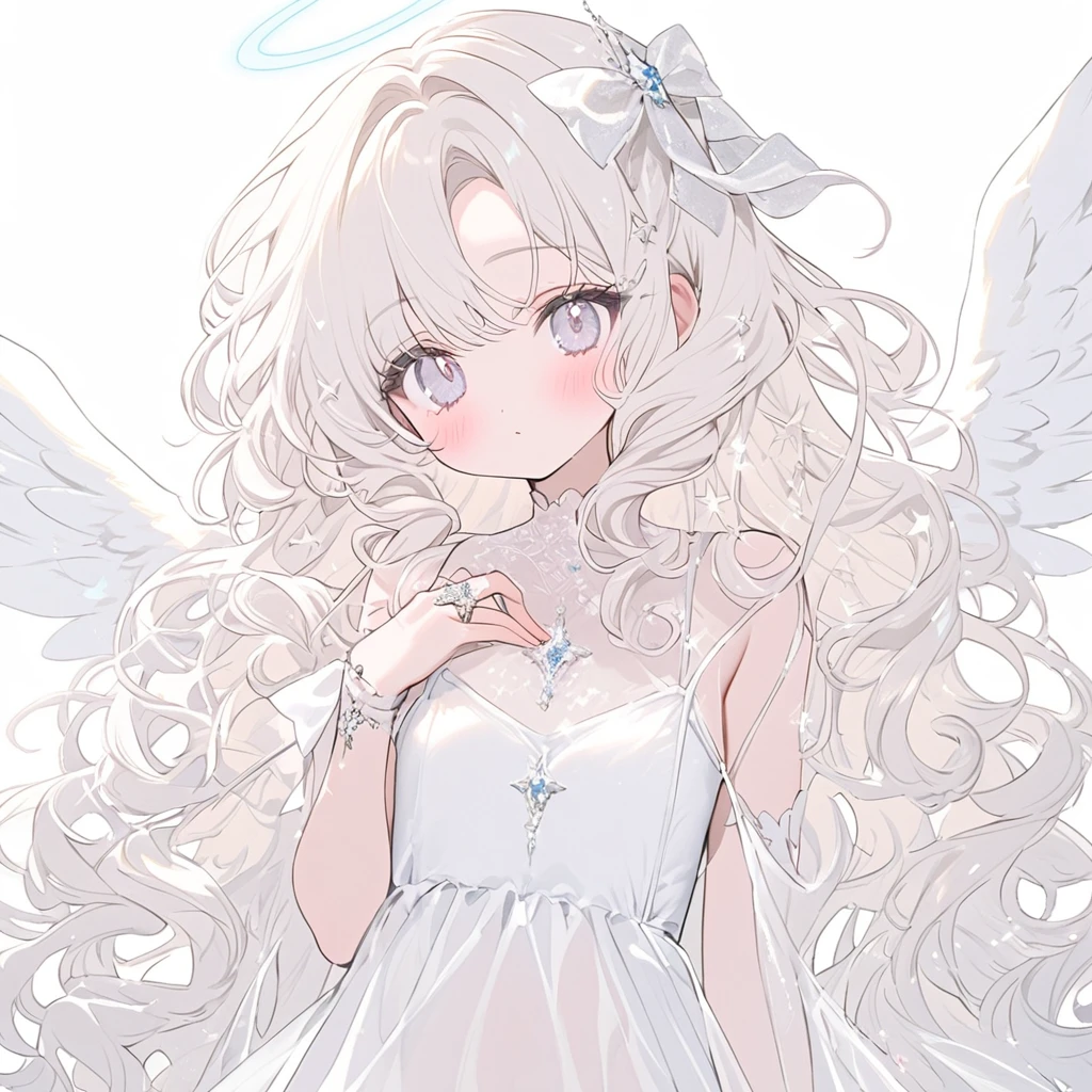White Angel, White ribbon, pastel White angel ring, white one-piece,white and angel wings, cute white background ,White long Curl hair,glitter White eyes