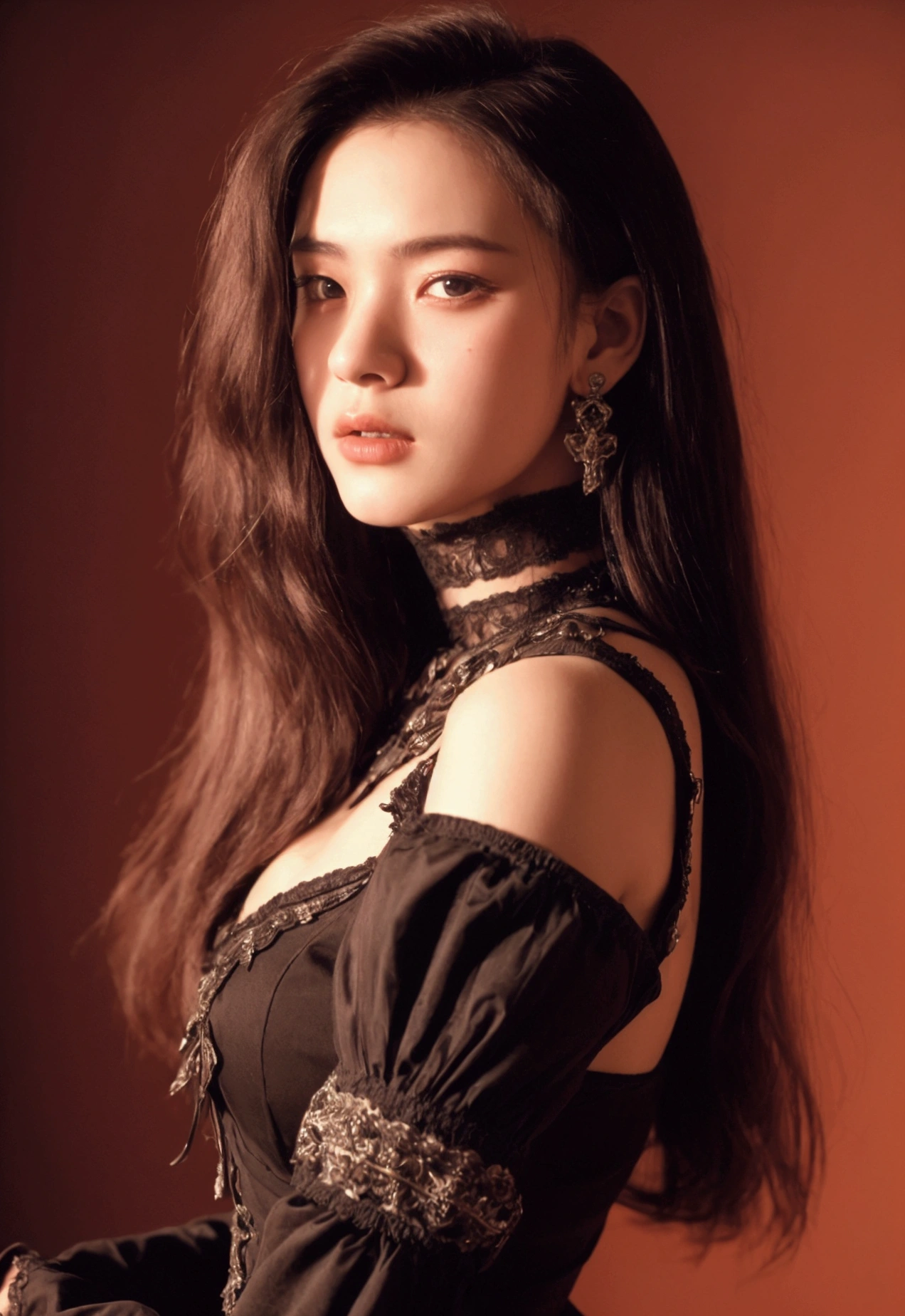 portrait of a 23 year old woman in gothic dress, 90s style, medium shot, side lighting, high quality photo, cowboy shot, detailed facial features, 
