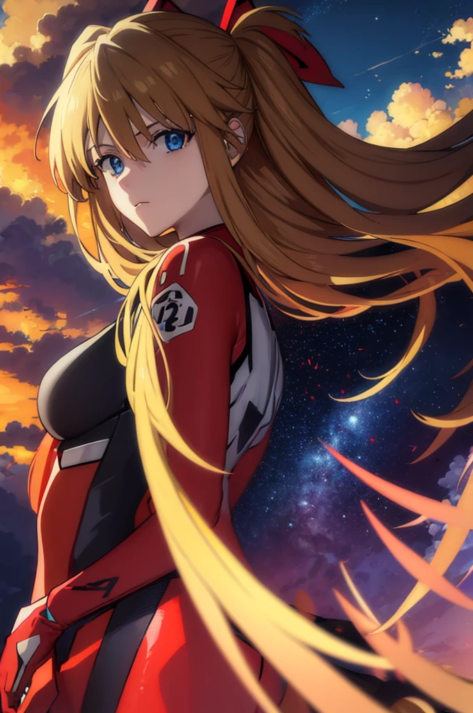 asukalangley, asuka langley soryu, (souryuu asuka langley:1.2), long hair, bangs, blue eyes, brown hair, hair ornament, BREAK bodysuit, pilot suit, plugsuit, (red bodysuit:1.5), interface headset, BREAK outdoors, city, sky, clouds, sun, BREAK looking at viewer, (cowboy shot:1.5), BREAK (masterpiece:1.2), best quality, high resolution, unity 8k wallpaper, (illustration:0.8), (beautiful detailed eyes:1.6), extremely detailed face, perfect lighting, extremely detailed CG, (perfect hands, perfect anatomy), big breasts,