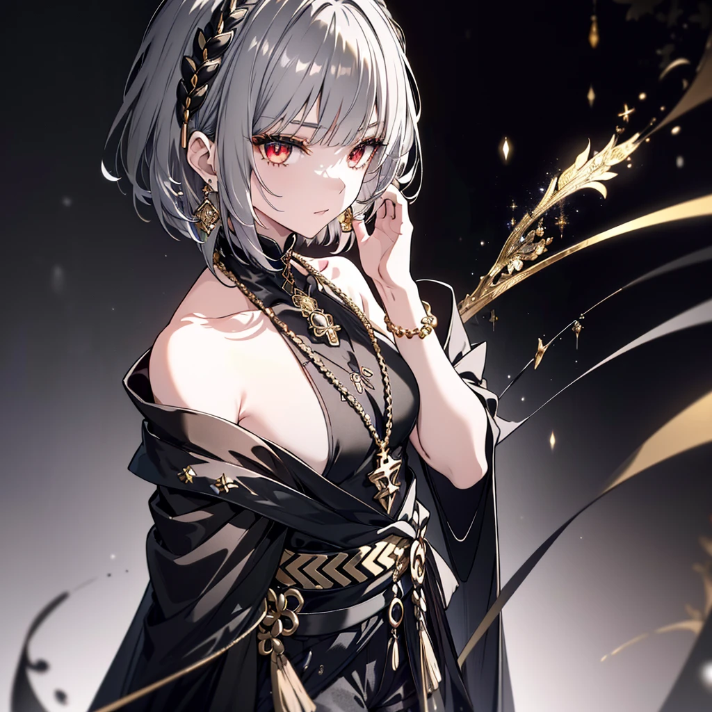8k,High resolution RAW color art,Anime Art,Silver Marble Skin, (((Very detailed and cool))), Detailed skin, Bokeh、texture,(Exquisitely crafted, The finer details, Ultra-detailed art), (((1 girl))), Depth of written boundary, Silky Touch, Hyper Detail, (((Cool face))), eye shadow、Armed women, Beautiful detailed red eyes, Beautiful lip detail, Highly detailed face, Delicate depiction of hair and eyes, Detailed Fashion, Golden Earrings,Full body depiction, Black half top、(((Shoulder Bare)))、Black shorts、Waist Cloak、black tights、Golden decoration, Grey Hair, Golden bracelet, Straight Hair、Short Hair、(((Hair)))、Simple Background、(((Black theme)))、snow、Side view、Crouch、look up、cloth、cool