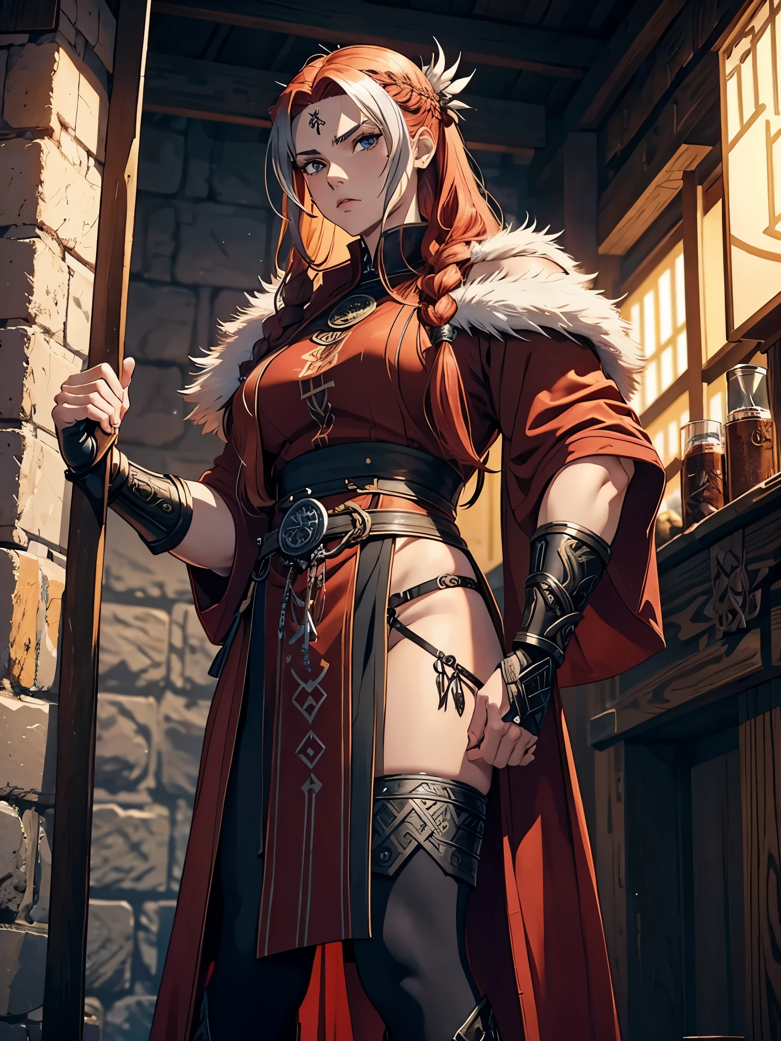 Older. More anime. 2d. Glow. Nordic clothing. Sidecut. Viking hairstyle. Long robe. masculine, Viking clothing. Red hair. woman. flat. freya. Goddess of War. Muscles. strength. Feuermagie. Brown robe. Viking warrior. Celtic Tattoos. silver jewelry. Brown clothes. Rotes Make Up.