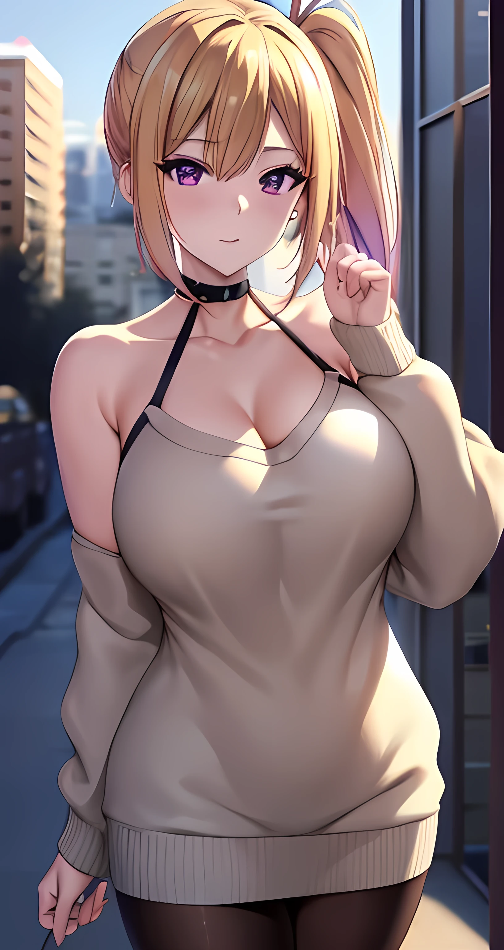 8k, RAW photo, best quality, masterpiece:1.2), score_9, score_8_up, score_7_up, score_6_up, score_5_up, score_4_up, (extremely detailed fine touch:1.2), (natural light, sun light, light rays, dappled light, ray tracing:1.2) , masterpiece, best quality, highly quality, masterpiece, (top-quality), gyaru , 1womanl,1girl ,kawakami_may, blonde hair, length hair, side poneyTail, a purple eye, sweater, long sweater, loose sweater, bare shoulders, pantyhose, black pantyhose, collarbone , Mole under the eyes,Female sexy, large breast, vivd colour,natural soft light,RTX, , Beautiful fece, (Detailed face:1.2), showcase, (perfect eyes:1.1) ,(Photorealsitic:1.1), 8K UHD, Look at viewers, outside of house, night, standing , city