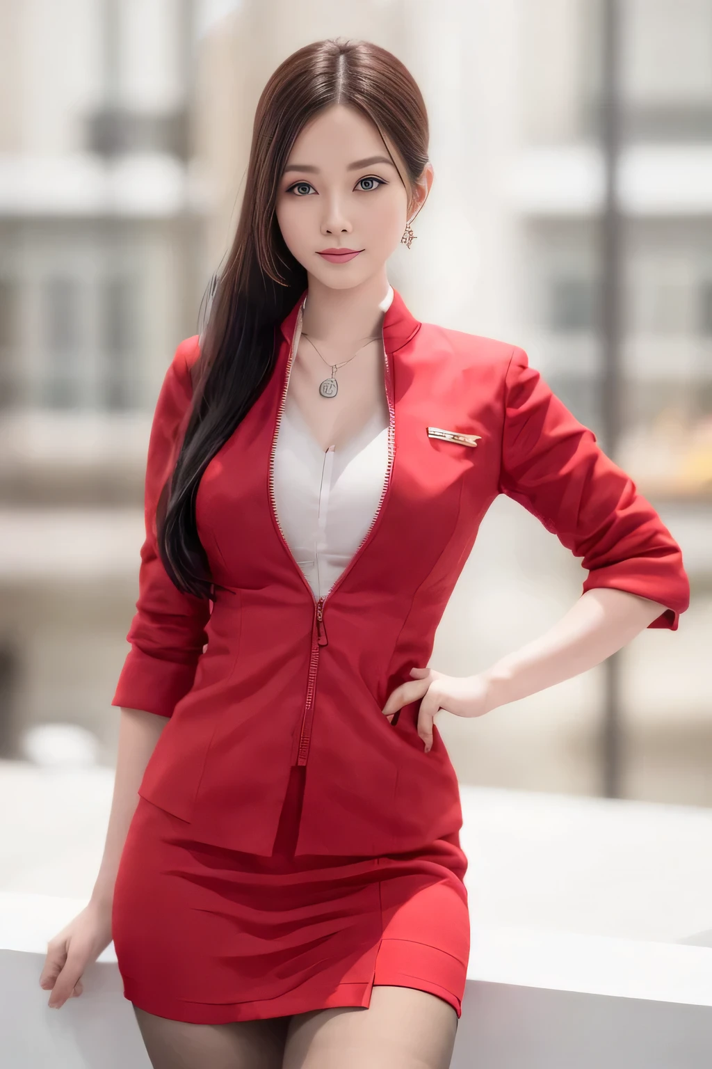 (masterpiece:1.2, Highest quality:1.2), 32k HDR, High resolution, (alone, 1 Girl), （AirAsia stewardess uniform realistic style）, A proper woman, Beautiful Face, Brown Hair, (Long hair down to the legs), (Red jacket:1.1, Unzipped jacket, Unbuttoned white shirt:1.05, Red mini skirt:1.1, pantyhose),（Showing big  through cleavage in unbuttoned white shirt）、（long hair that reaches down to the legs）、Perfect slim body:1.1, Huge breasts, huge breasts cleavage, Detailed skin texture, Beautiful Eyes, (Attractive look:1.2), necklace、Earrings、(forward leaning posture:1.5）, On the roof of a building, Rooftop at daytime,Blue eyes、Hands should be lowered